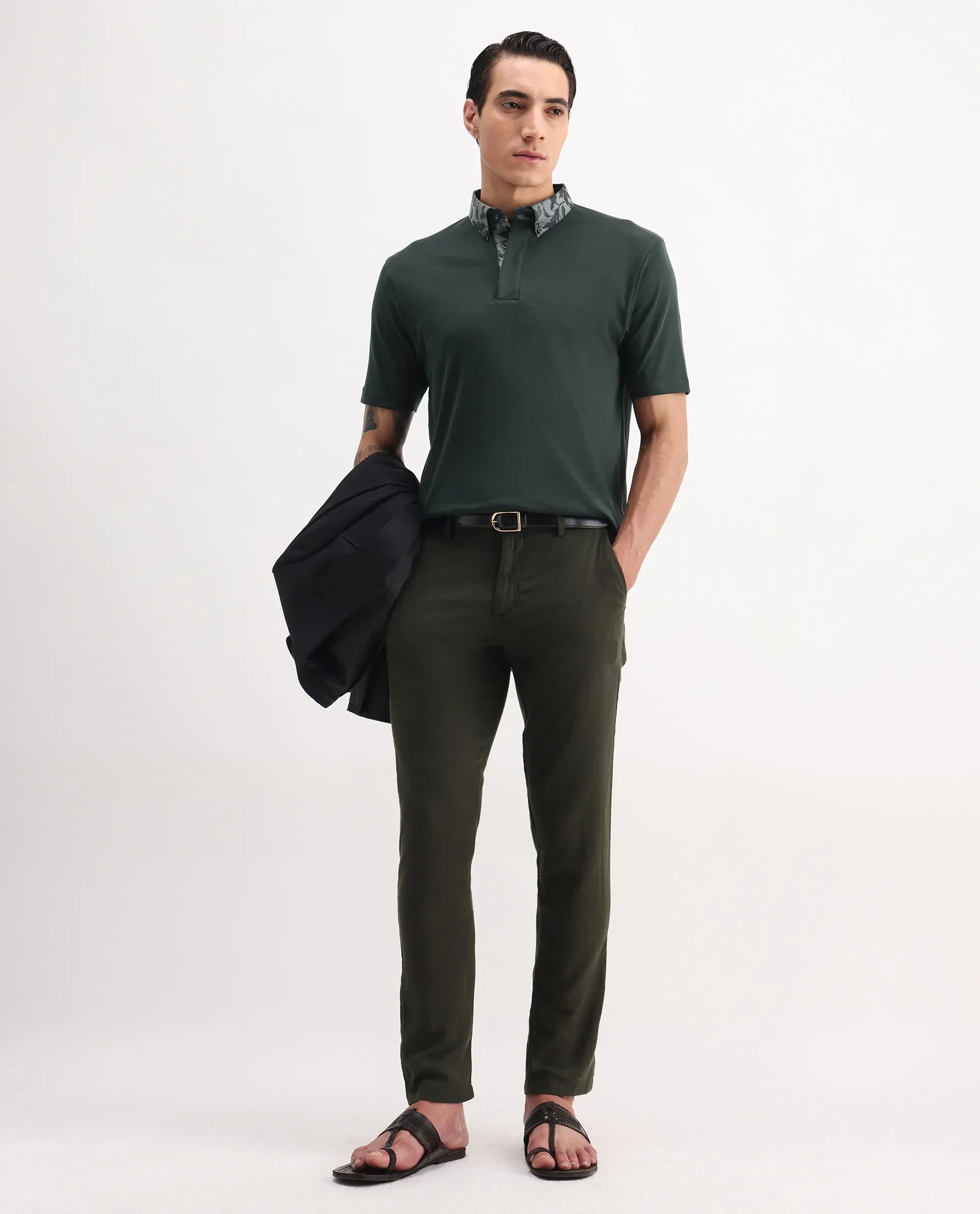 Rare Rabbit Men's Ringer-A25 Dark Green Cotton Plain Regular Fit Half Sleeve Polo - Image 2