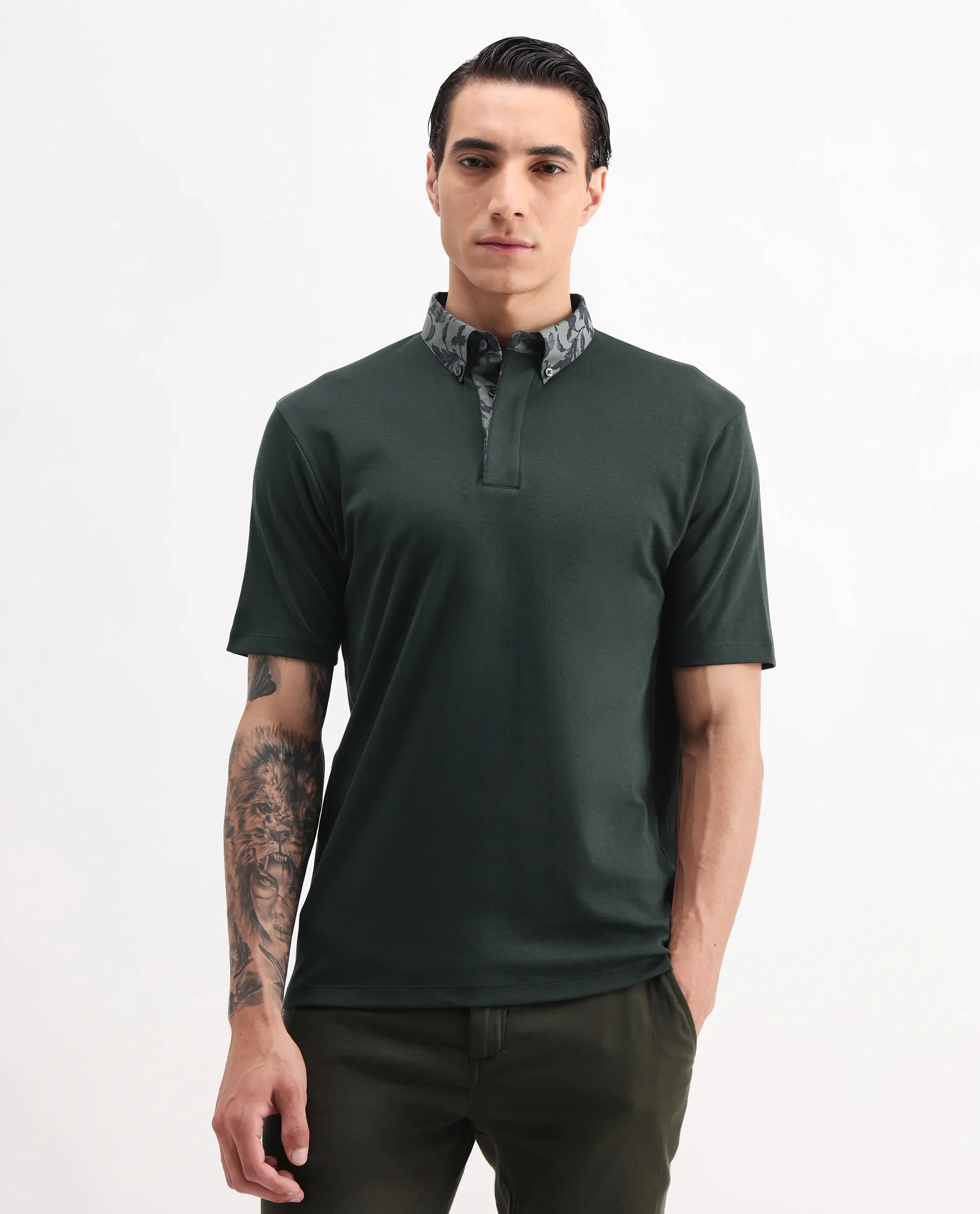 Rare Rabbit Men's Ringer-A25 Dark Green Cotton Plain Regular Fit Half Sleeve Polo - Image 4