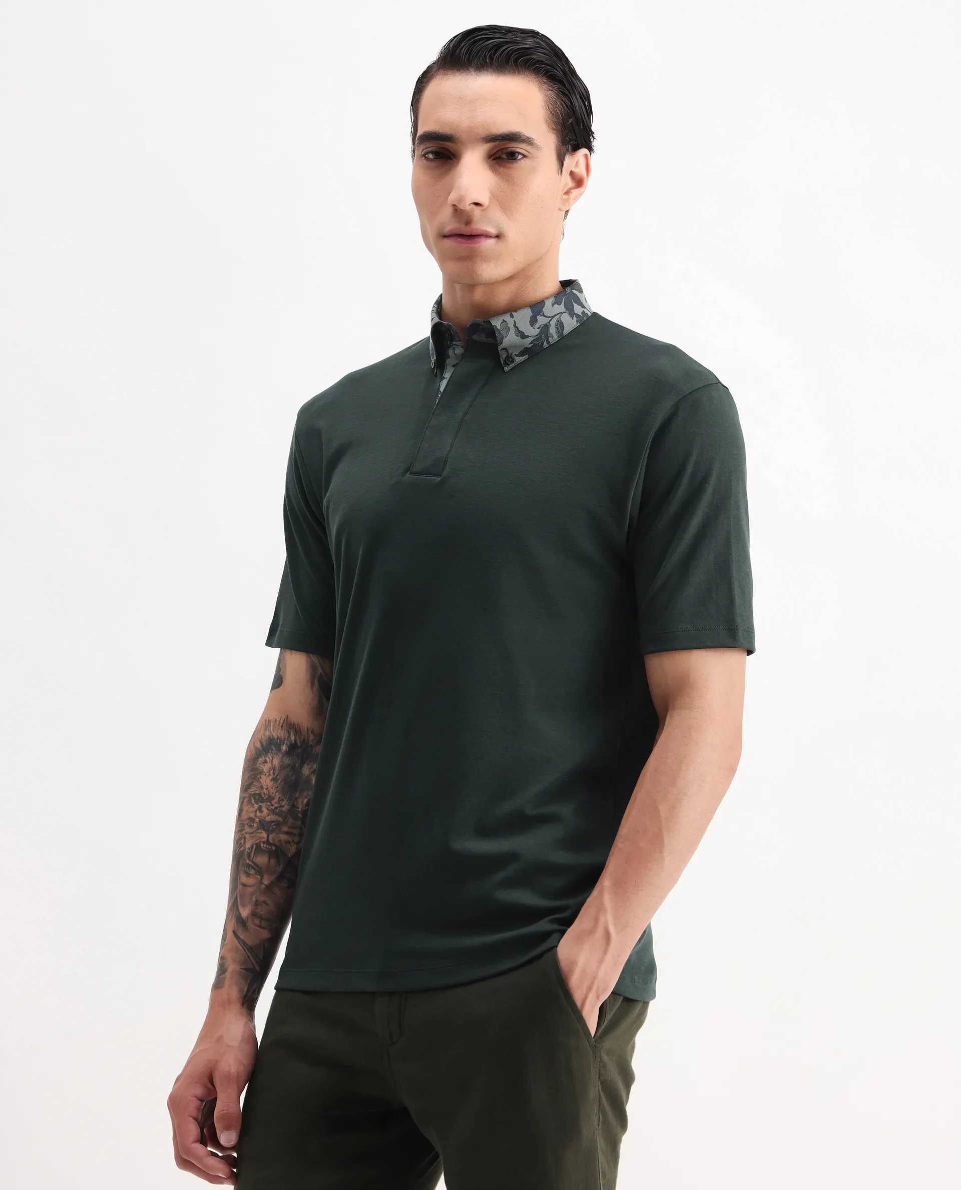 Rare Rabbit Men's Ringer-A25 Dark Green Cotton Plain Regular Fit Half Sleeve Polo - Image 5