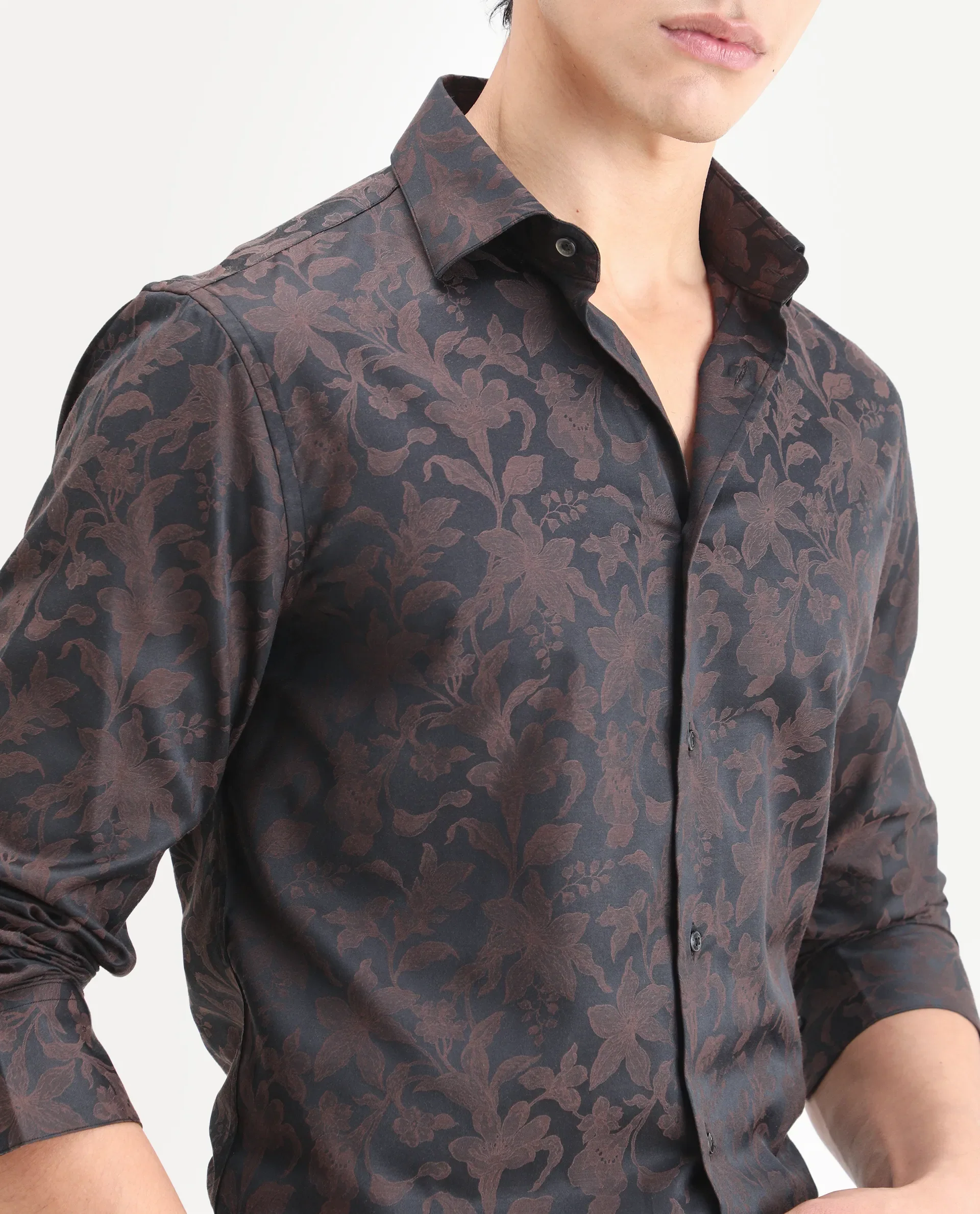 Rare Rabbit Men's Ringer Ls 26 Dark Brown Polyester Blend Fabric Full Sleeve Spread Collar Regular Fit Jacquard Shirt - Image 3