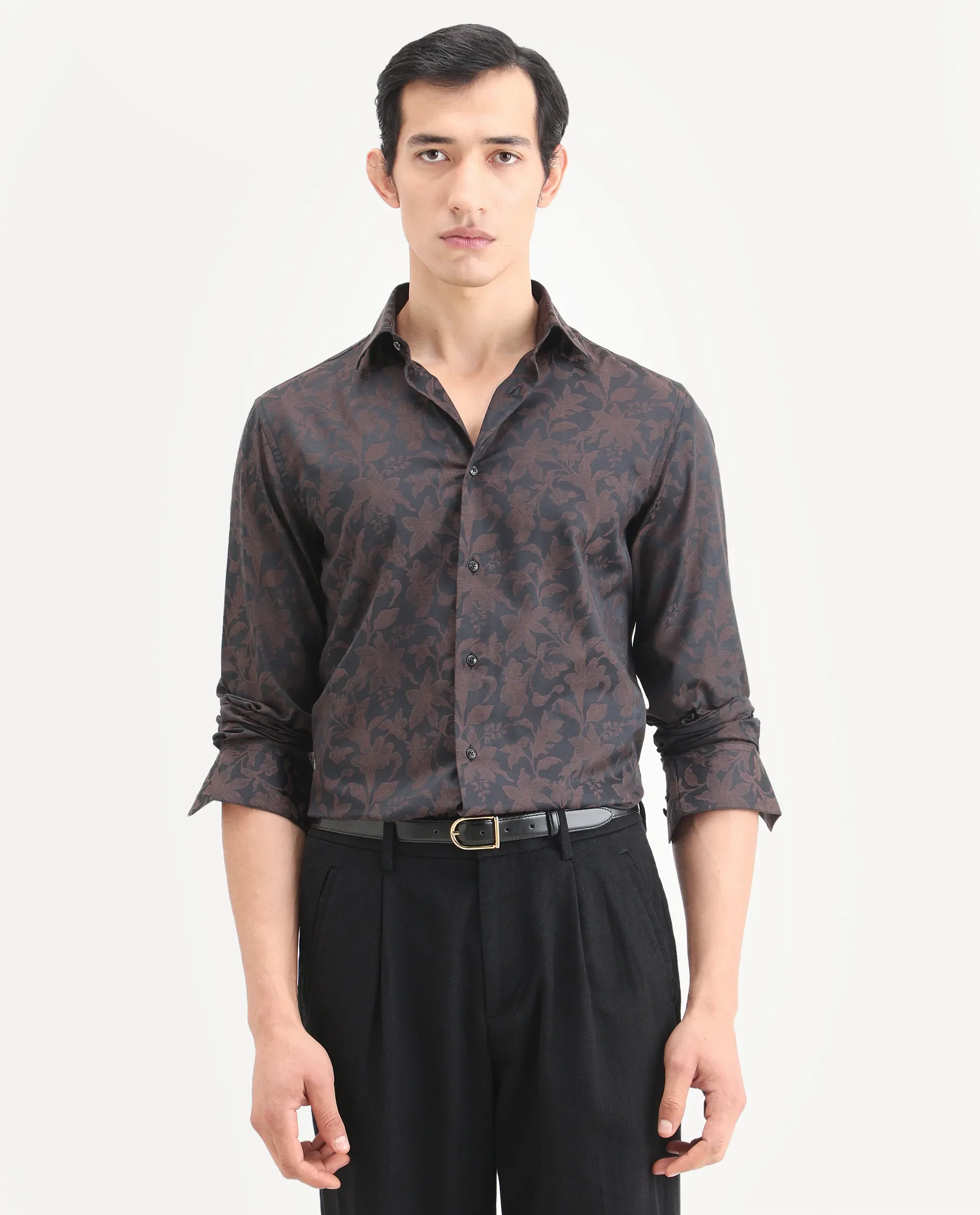Rare Rabbit Men's Ringer Ls 26 Dark Brown Polyester Blend Fabric Full Sleeve Spread Collar Regular Fit Jacquard Shirt - Image 4