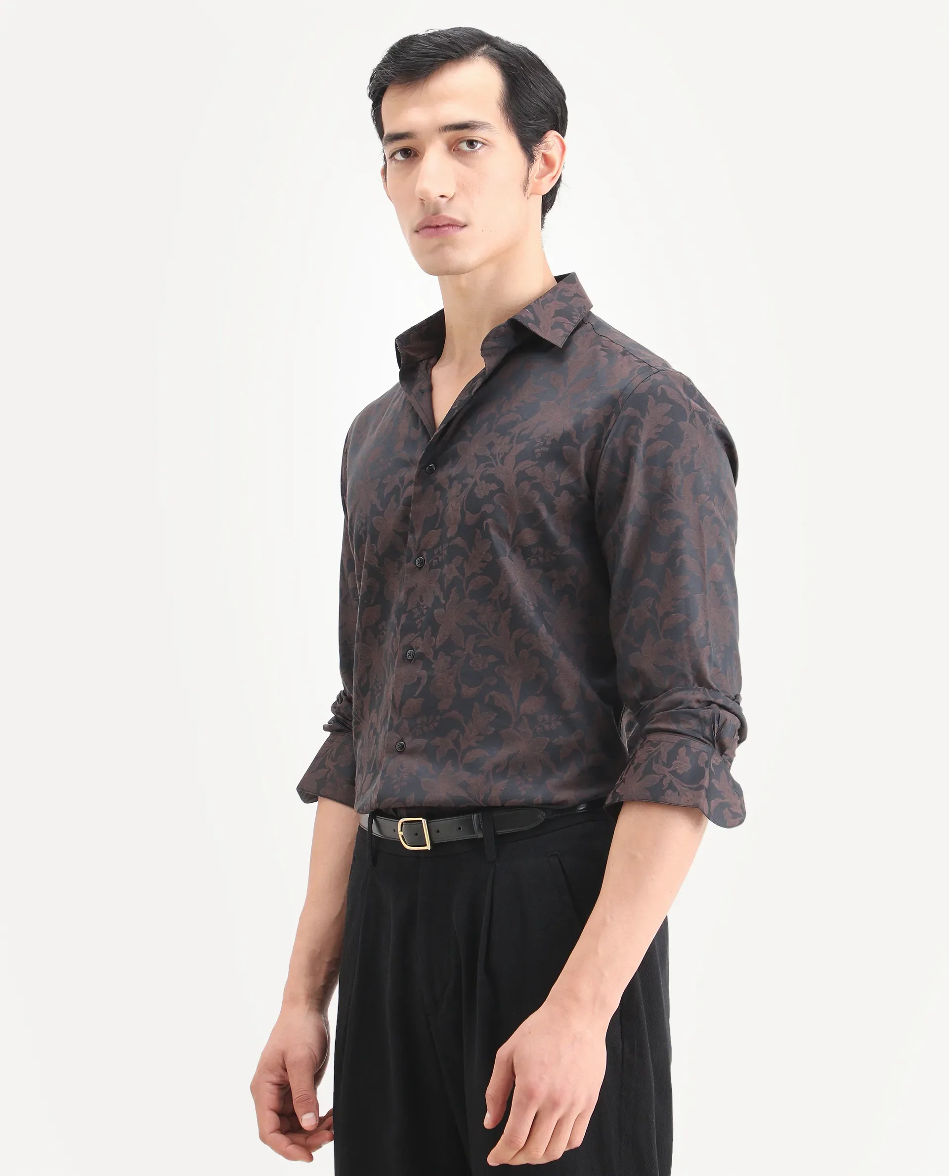 Rare Rabbit Men's Ringer Ls 26 Dark Brown Polyester Blend Fabric Full Sleeve Spread Collar Regular Fit Jacquard Shirt - Image 5