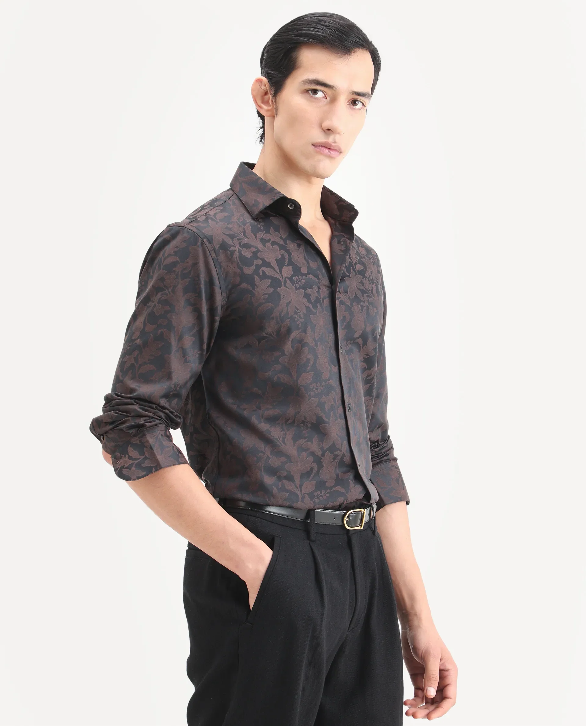 Rare Rabbit Men's Ringer Ls 26 Dark Brown Polyester Blend Fabric Full Sleeve Spread Collar Regular Fit Jacquard Shirt - Image 6
