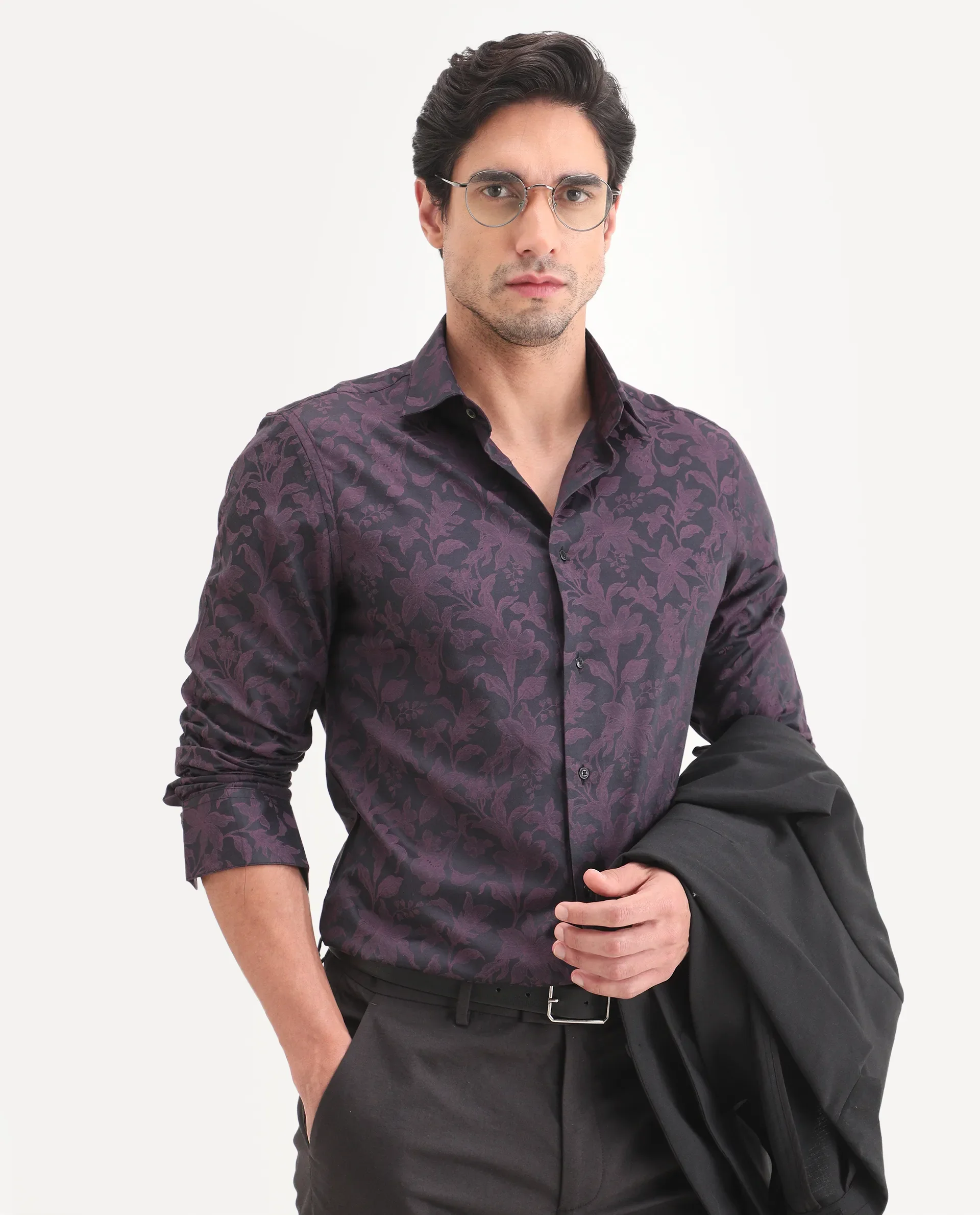 Rare Rabbit Men's Ringer Ls 26 Dark Purple Polyester Blend Fabric Full Sleeve Spread Collar Regular Fit Jacquard Shirt