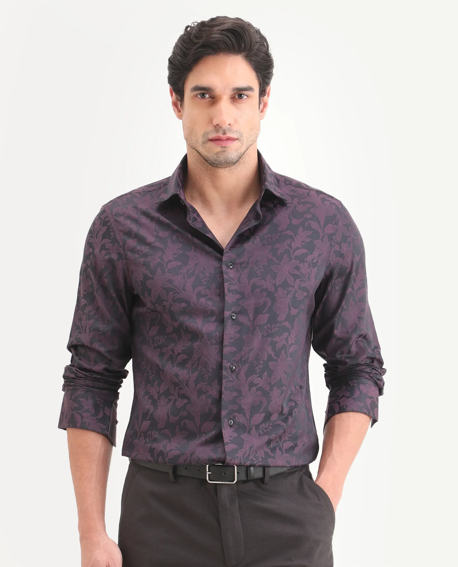 Rare Rabbit Men's Ringer Ls 26 Dark Purple Polyester Blend Fabric Full Sleeve Spread Collar Regular Fit Jacquard Shirt - Image 4