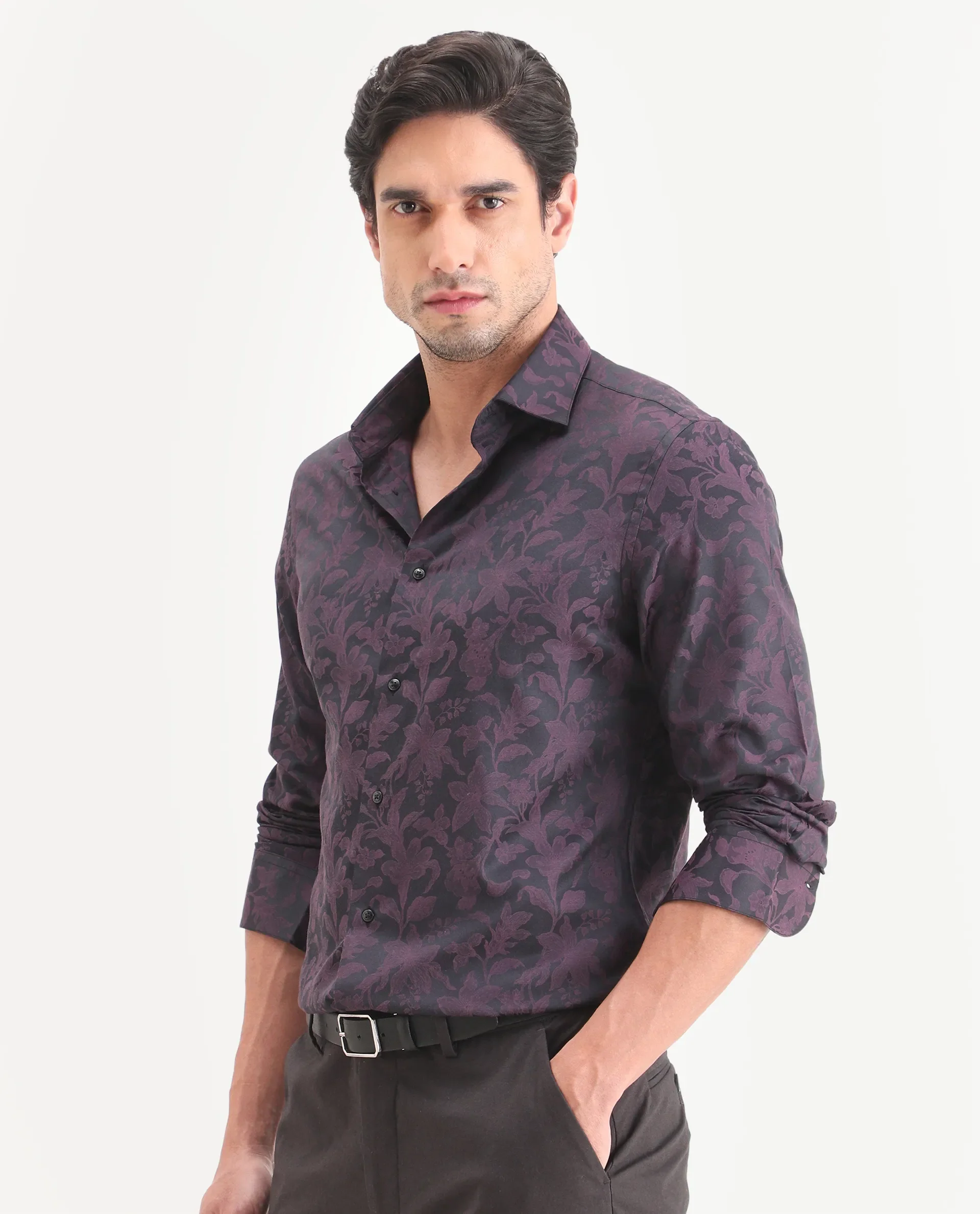 Rare Rabbit Men's Ringer Ls 26 Dark Purple Polyester Blend Fabric Full Sleeve Spread Collar Regular Fit Jacquard Shirt - Image 5