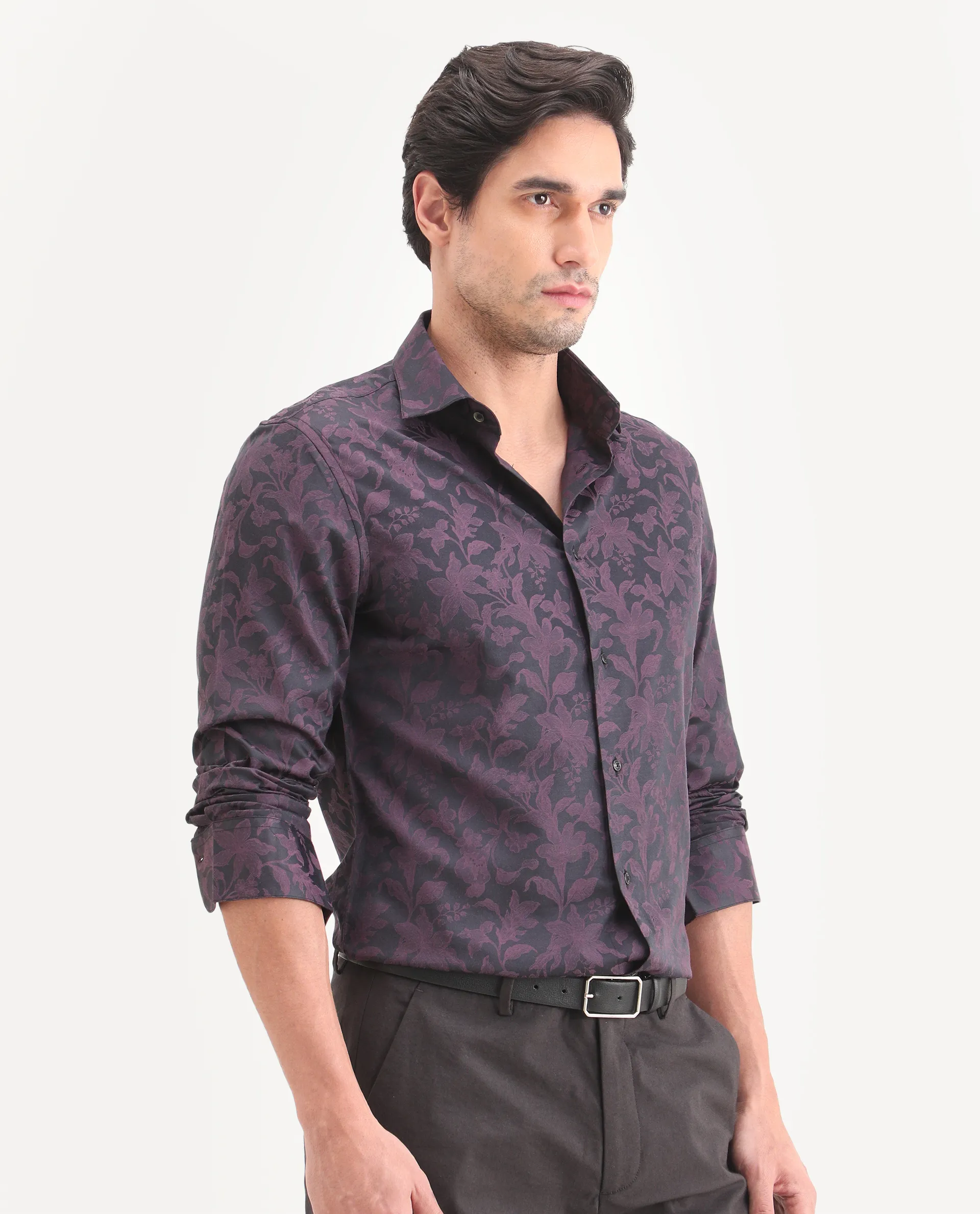 Rare Rabbit Men's Ringer Ls 26 Dark Purple Polyester Blend Fabric Full Sleeve Spread Collar Regular Fit Jacquard Shirt - Image 6