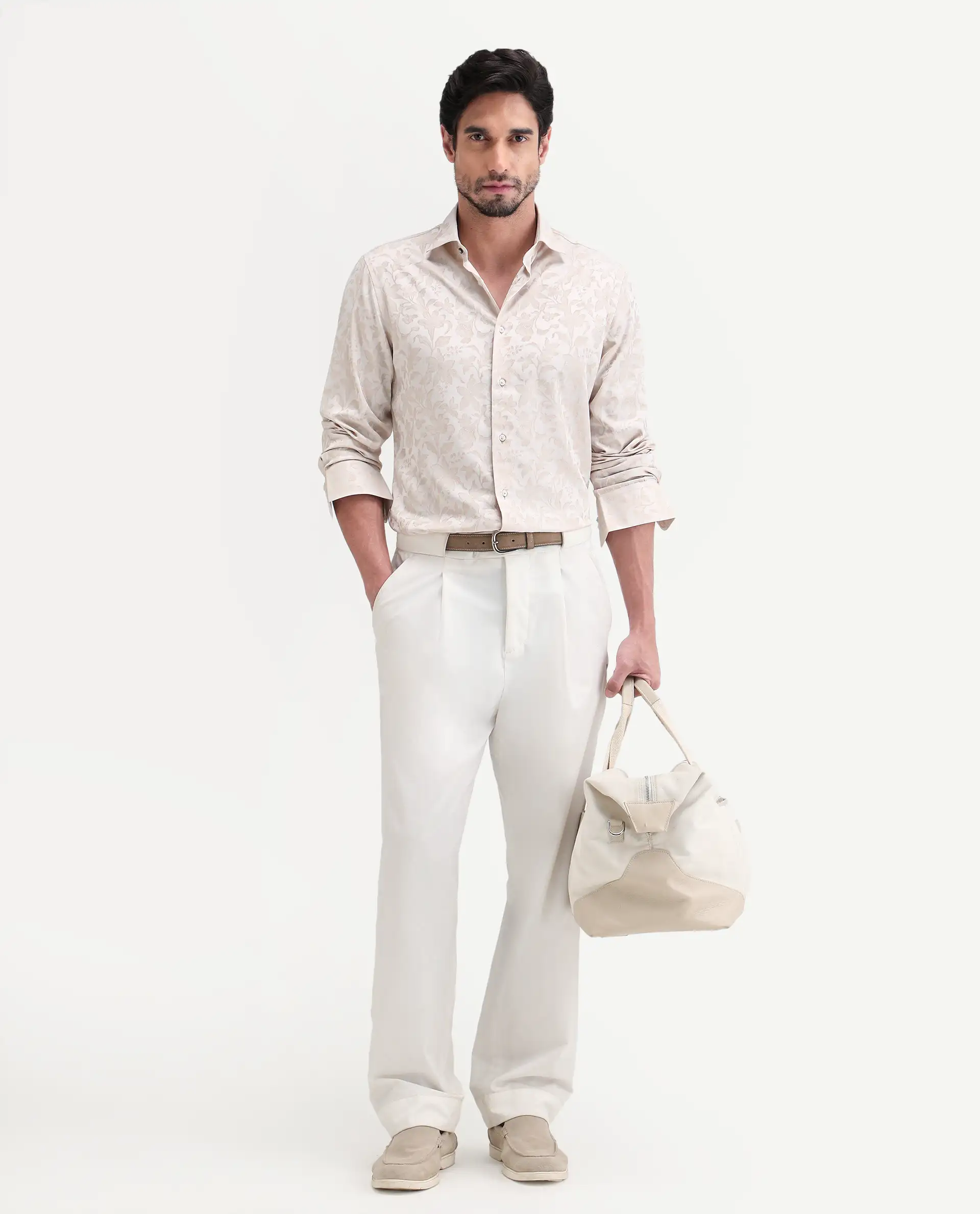 Rare Rabbit Men's Ringer Ls 26 Light Beige Polyester Blend Fabric Full Sleeve Spread Collar Regular Fit Jacquard Shirt - Image 2