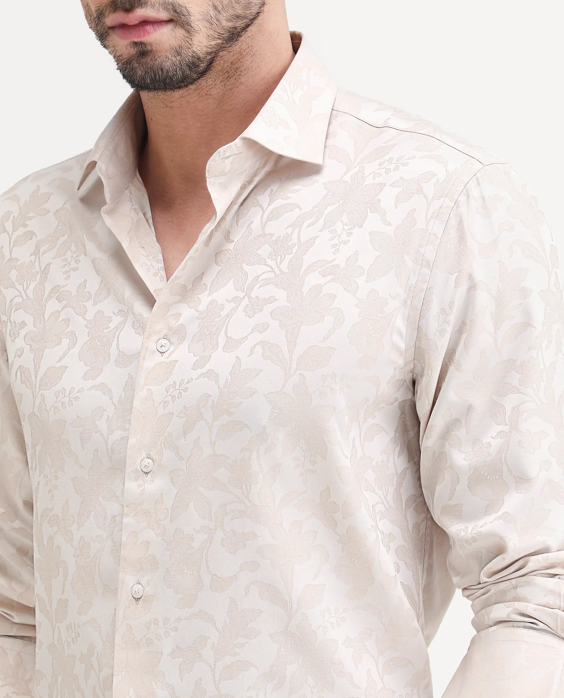 Rare Rabbit Men's Ringer Ls 26 Light Beige Polyester Blend Fabric Full Sleeve Spread Collar Regular Fit Jacquard Shirt - Image 3