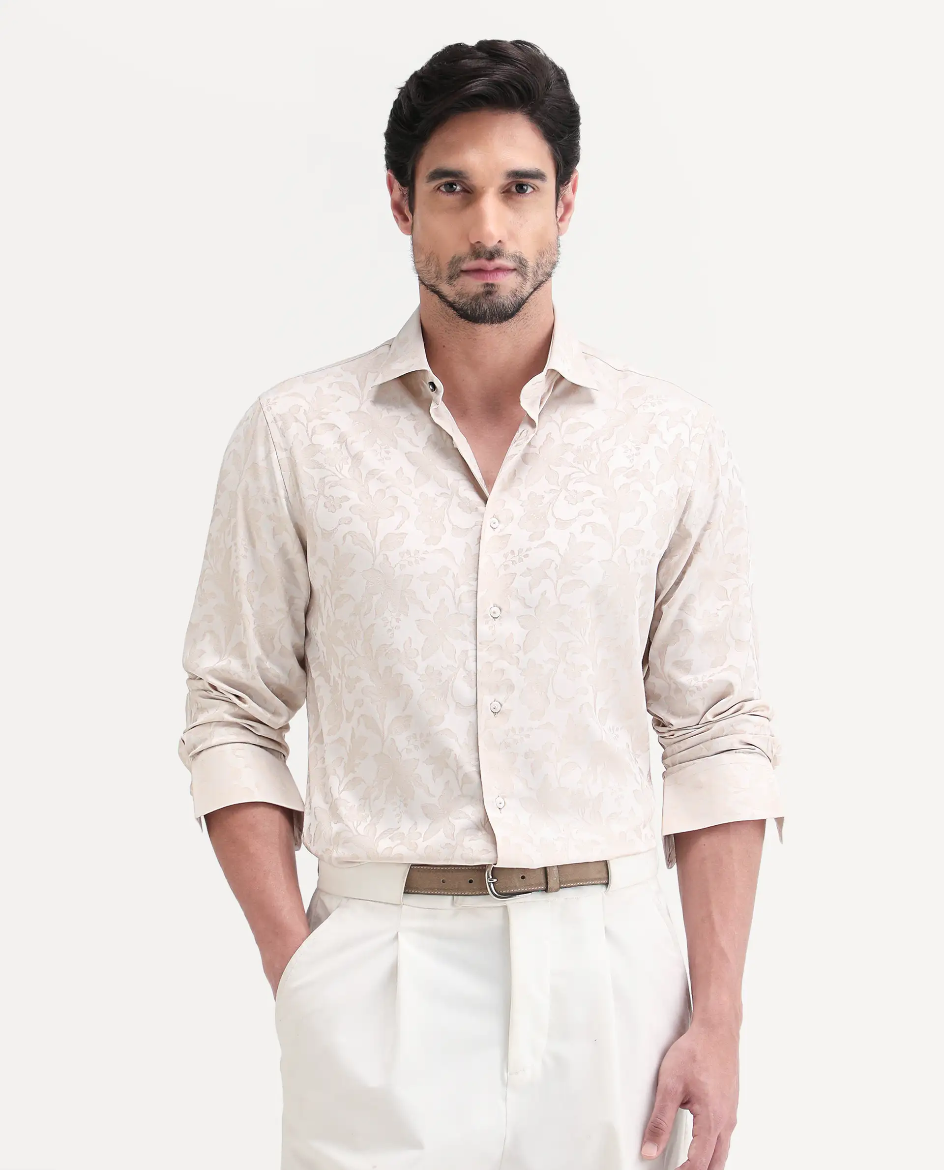 Rare Rabbit Men's Ringer Ls 26 Light Beige Polyester Blend Fabric Full Sleeve Spread Collar Regular Fit Jacquard Shirt - Image 4