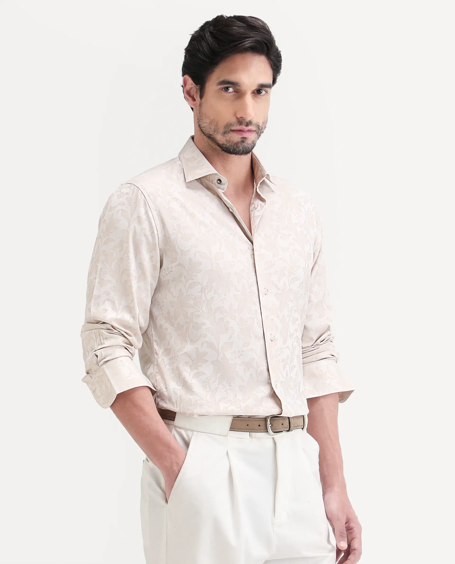 Rare Rabbit Men's Ringer Ls 26 Light Beige Polyester Blend Fabric Full Sleeve Spread Collar Regular Fit Jacquard Shirt - Image 5