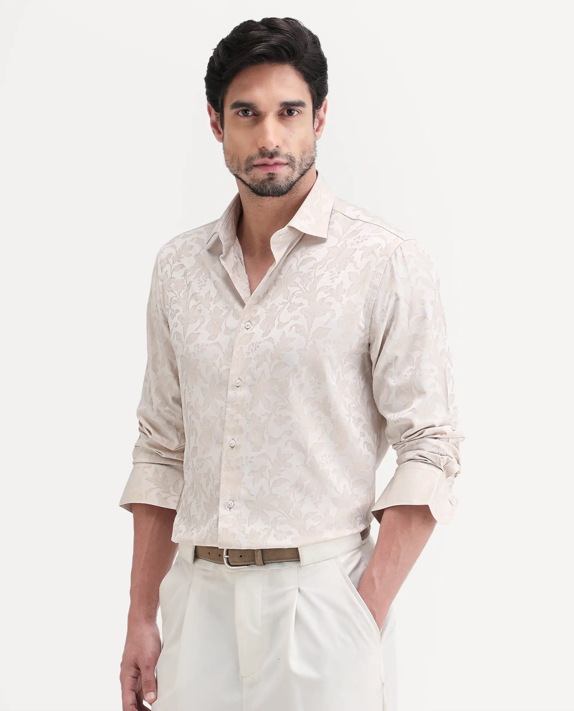 Rare Rabbit Men's Ringer Ls 26 Light Beige Polyester Blend Fabric Full Sleeve Spread Collar Regular Fit Jacquard Shirt - Image 6