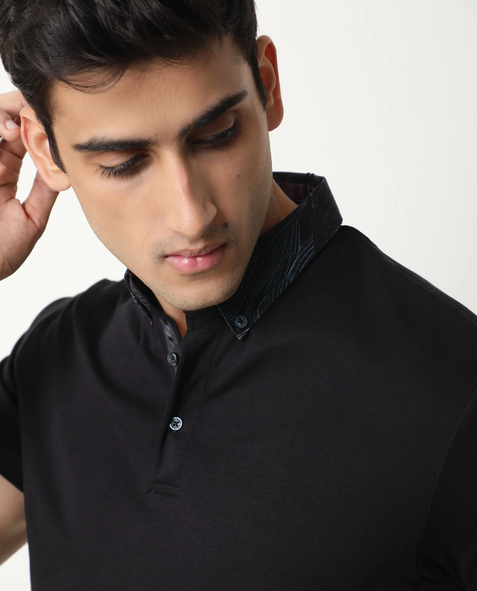 Rare Rabbit Men's Ringer Black Cotton Printed Regular Fit Half Sleeve Polo