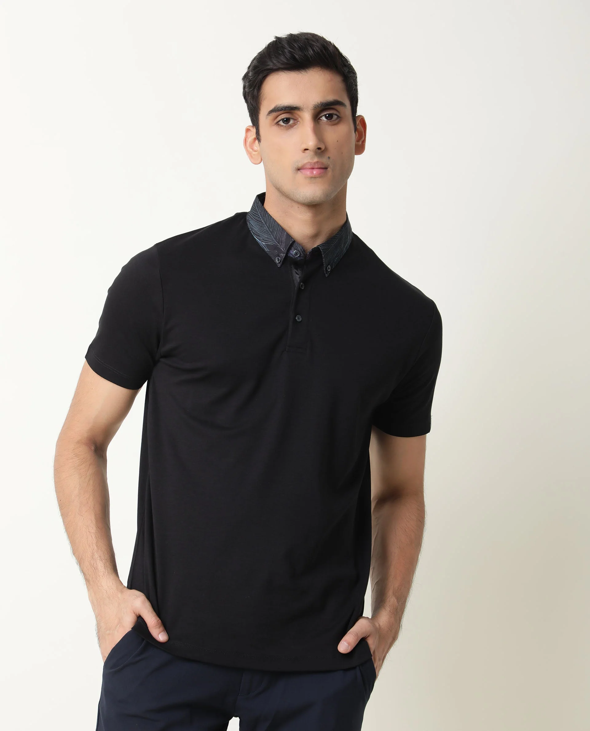 Rare Rabbit Men's Ringer Black Cotton Printed Regular Fit Half Sleeve Polo - Image 3