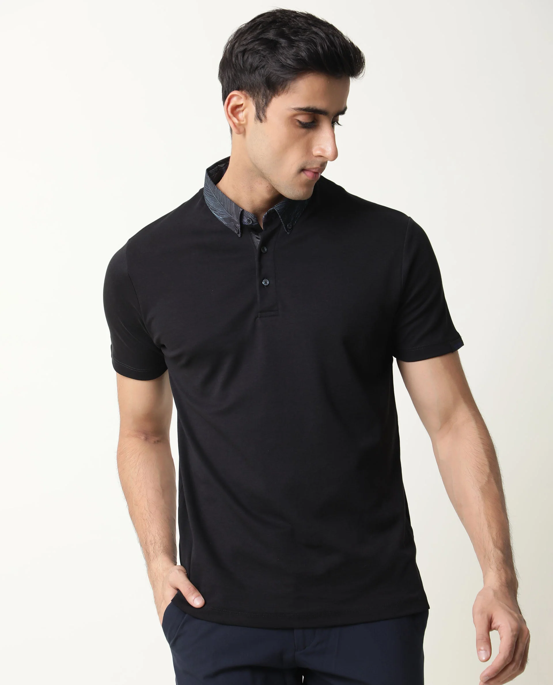 Rare Rabbit Men's Ringer Black Cotton Printed Regular Fit Half Sleeve Polo - Image 4