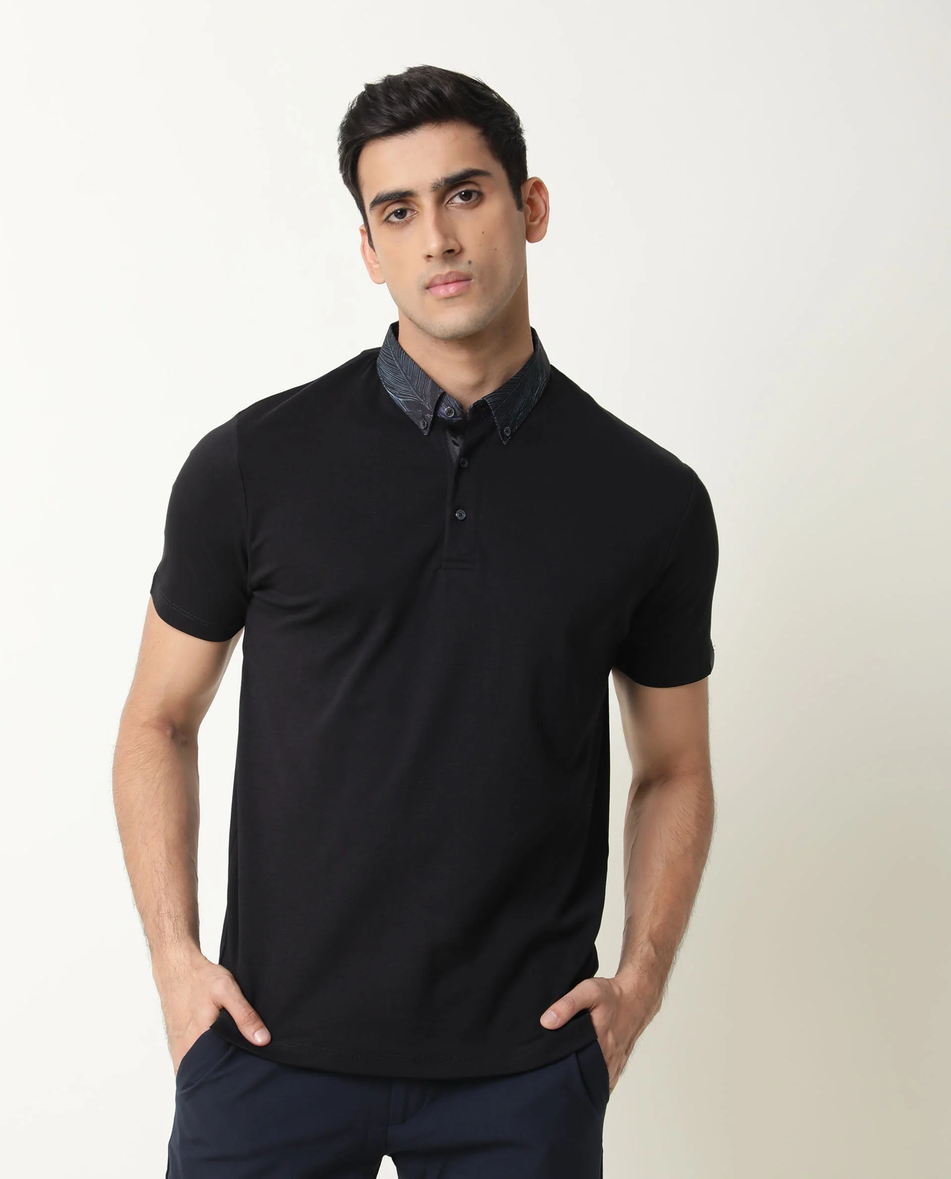 Rare Rabbit Men's Ringer Black Cotton Printed Regular Fit Half Sleeve Polo - Image 5