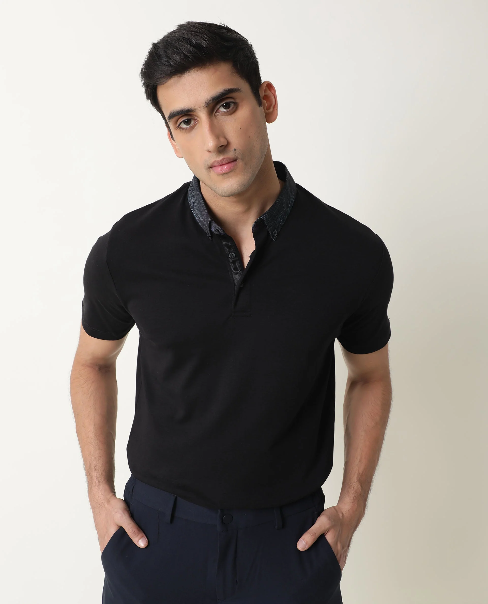 Rare Rabbit Men's Ringer Black Cotton Printed Regular Fit Half Sleeve Polo - Image 6