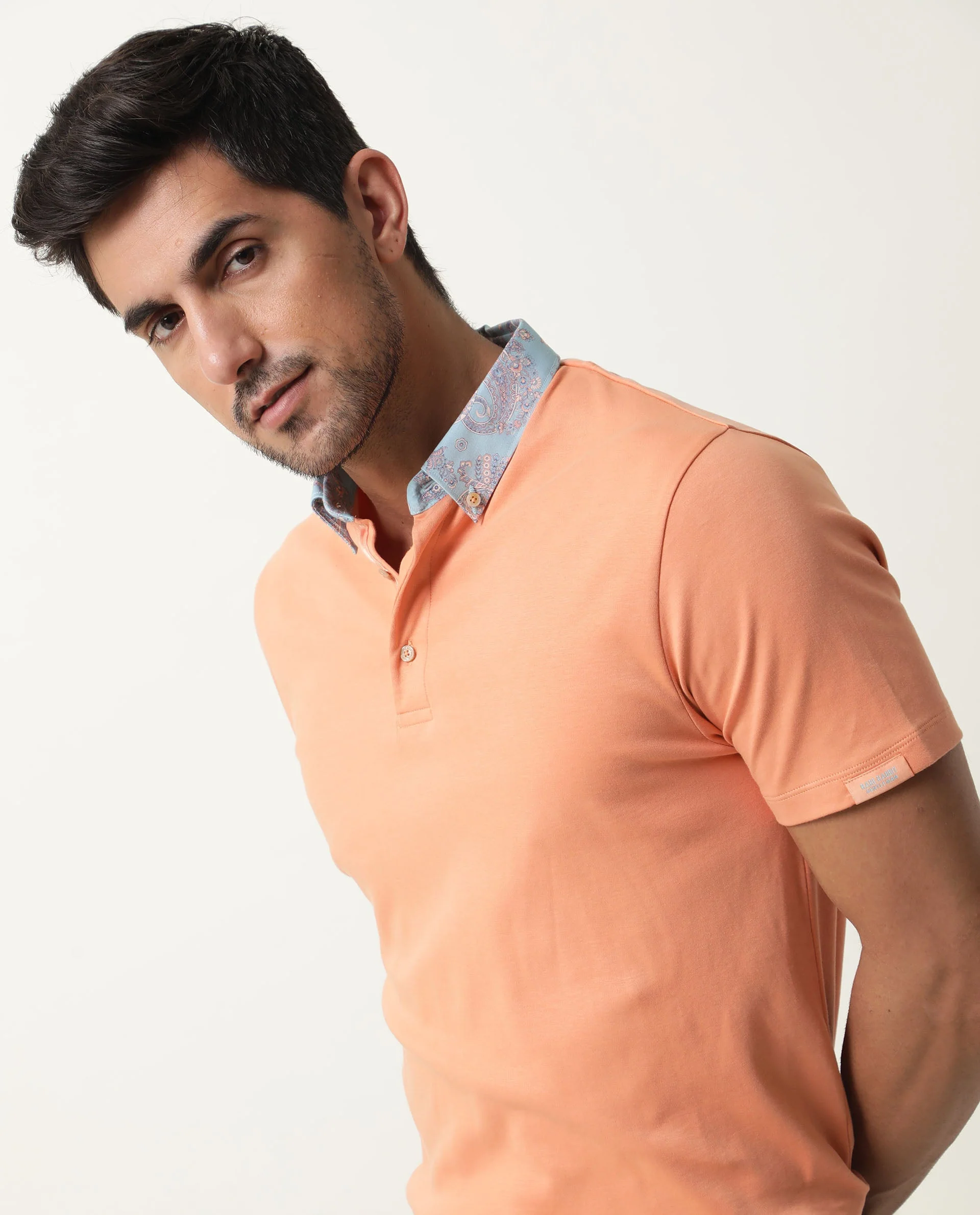 Rare Rabbit Men's Ringer Peach Cotton Printed Regular Fit Half Sleeve Polo