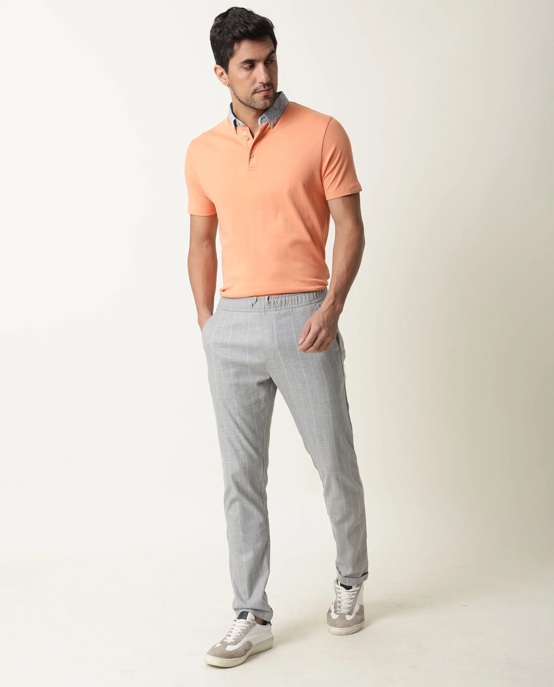 Rare Rabbit Men's Ringer Peach Cotton Printed Regular Fit Half Sleeve Polo - Image 2