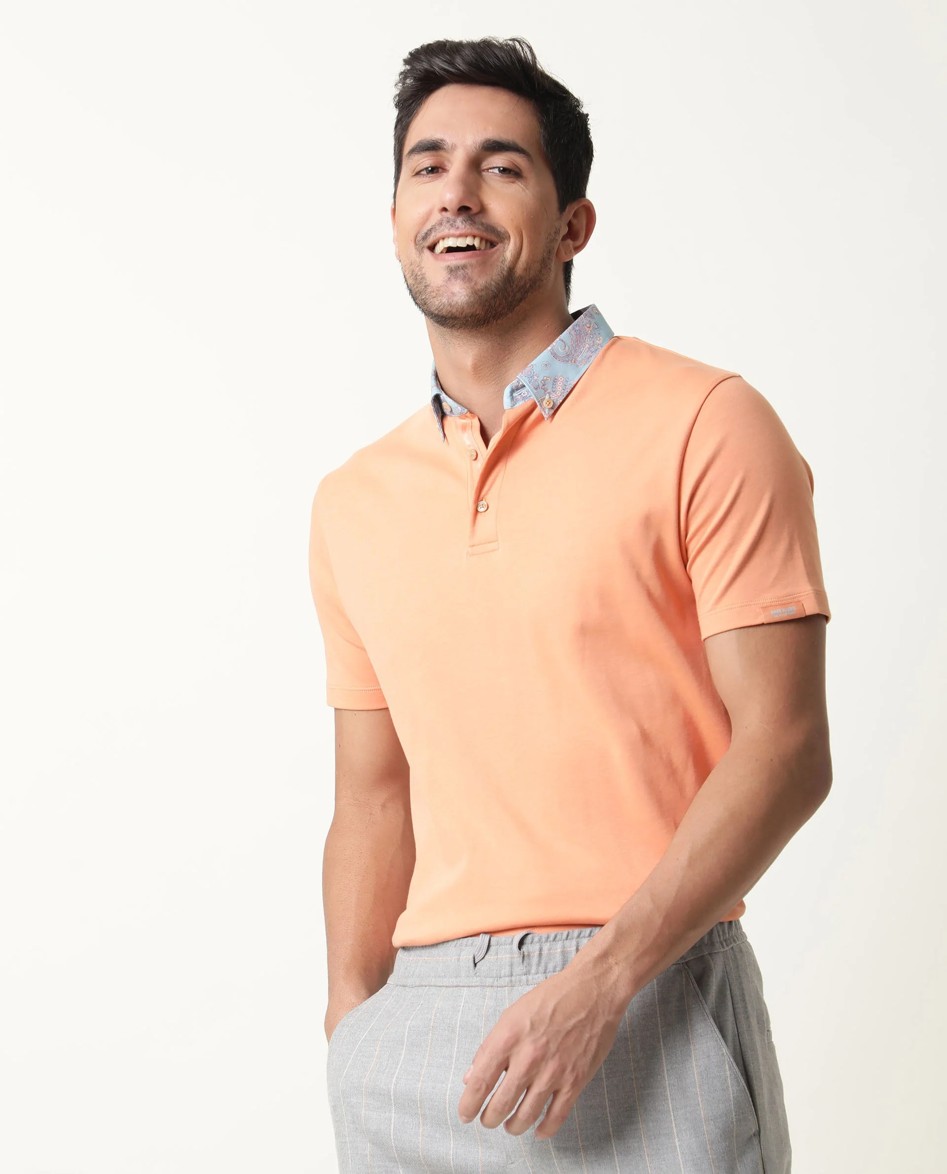 Rare Rabbit Men's Ringer Peach Cotton Printed Regular Fit Half Sleeve Polo - Image 3