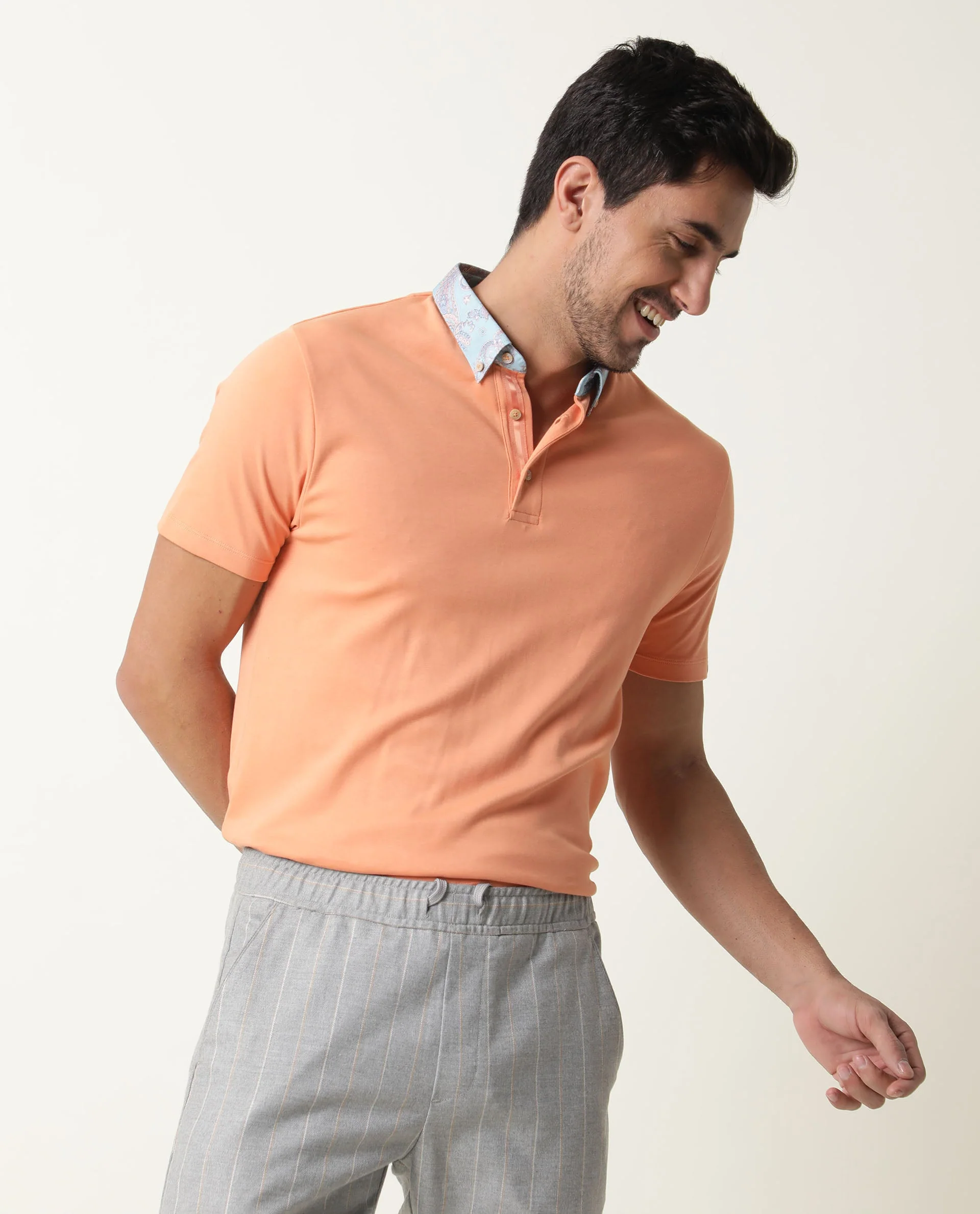 Rare Rabbit Men's Ringer Peach Cotton Printed Regular Fit Half Sleeve Polo - Image 4