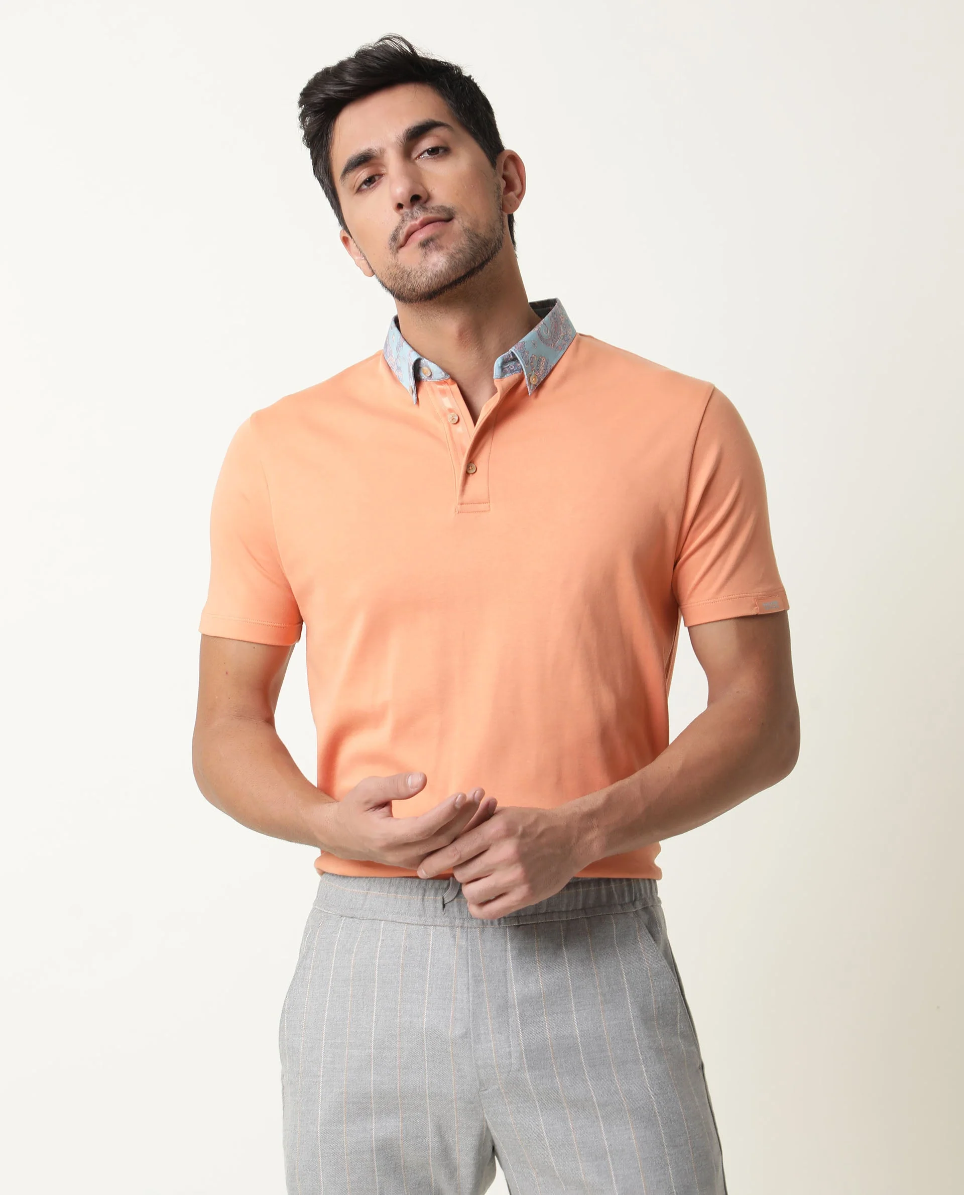 Rare Rabbit Men's Ringer Peach Cotton Printed Regular Fit Half Sleeve Polo - Image 5