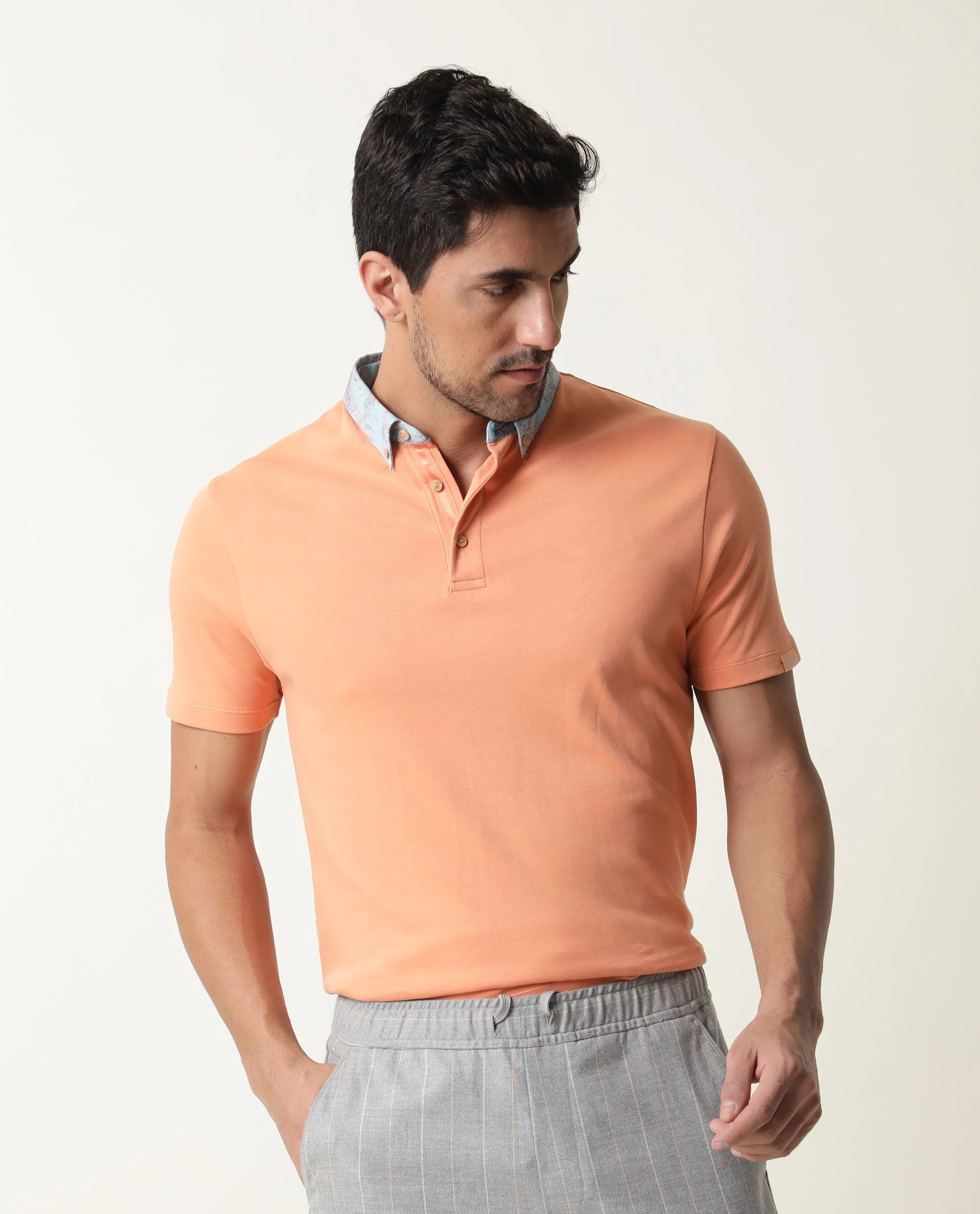 Rare Rabbit Men's Ringer Peach Cotton Printed Regular Fit Half Sleeve Polo - Image 6