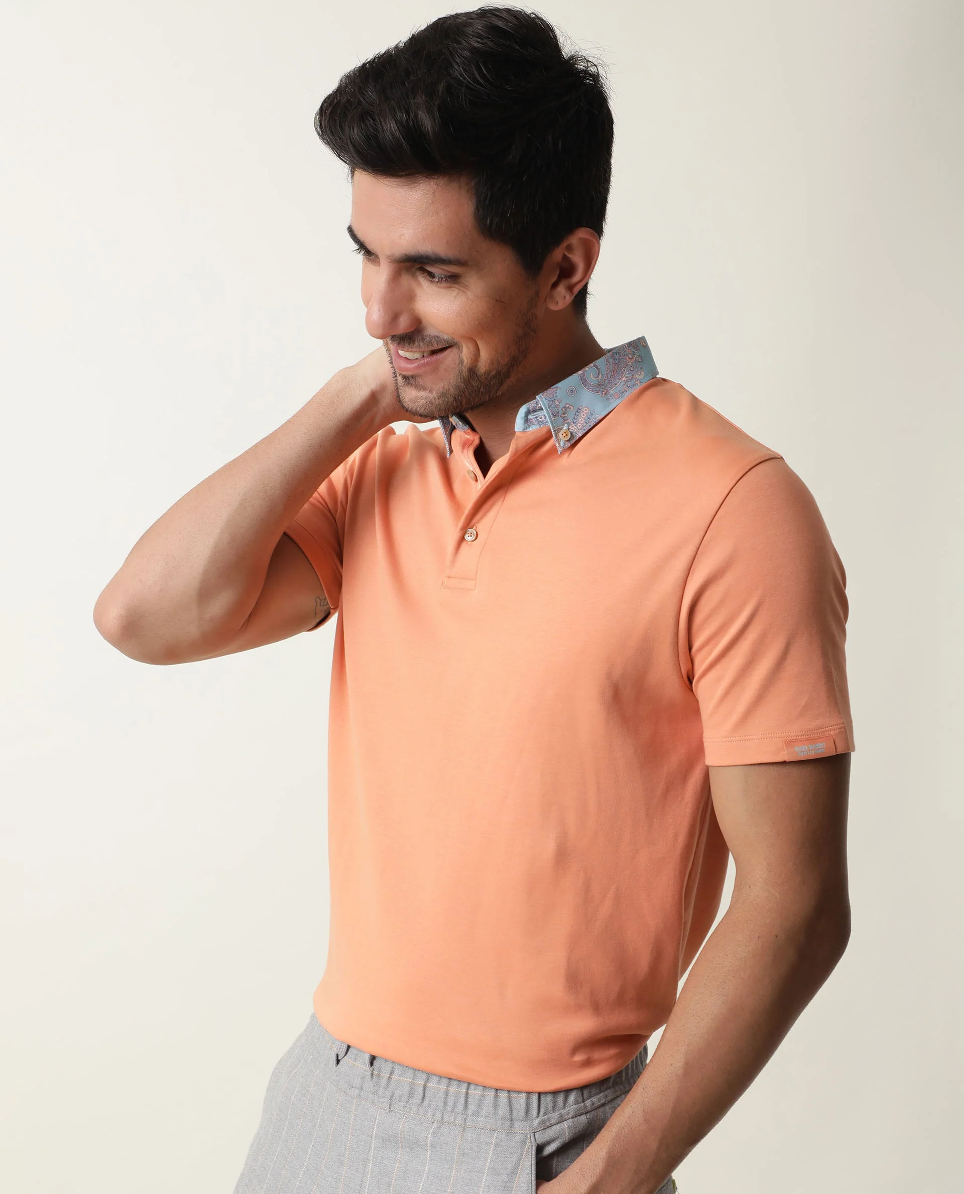 Rare Rabbit Men's Ringer Peach Cotton Printed Regular Fit Half Sleeve Polo - Image 7
