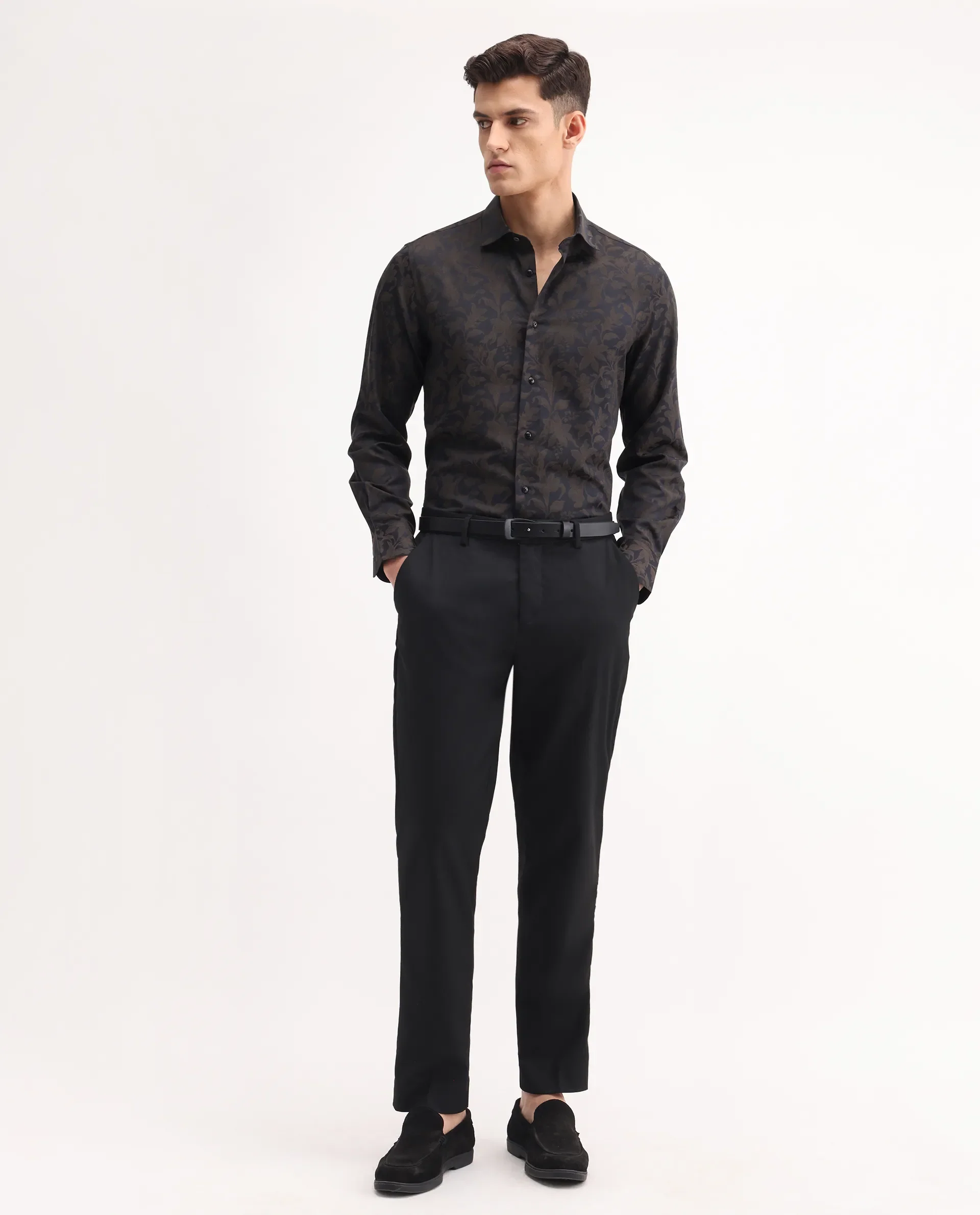 Rare Rabbit Men's Ringer-S Black Cotton Jacquard Regular Fit Full Sleeve Collared Shirt - Image 2