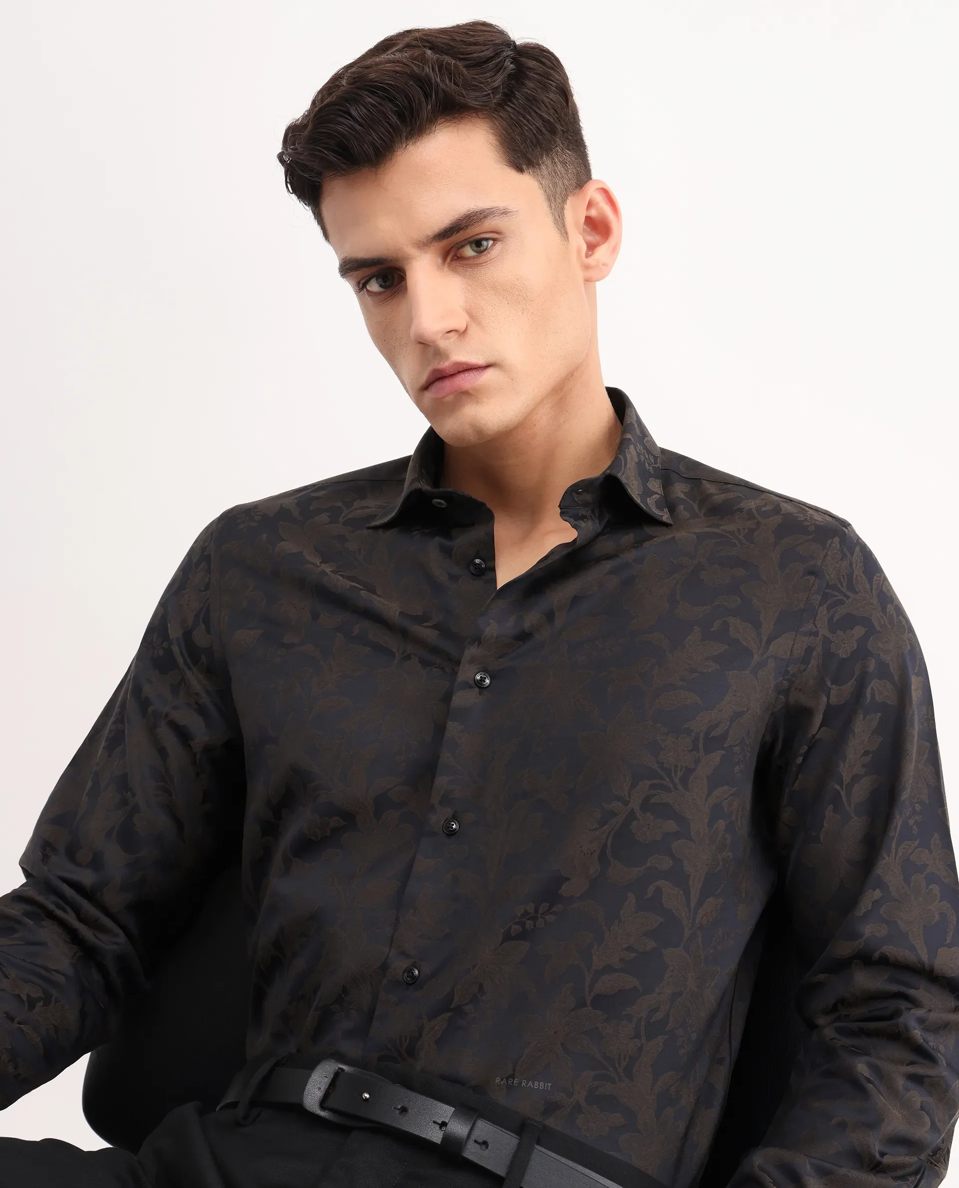 Rare Rabbit Men's Ringer-S Black Cotton Jacquard Regular Fit Full Sleeve Collared Shirt - Image 3