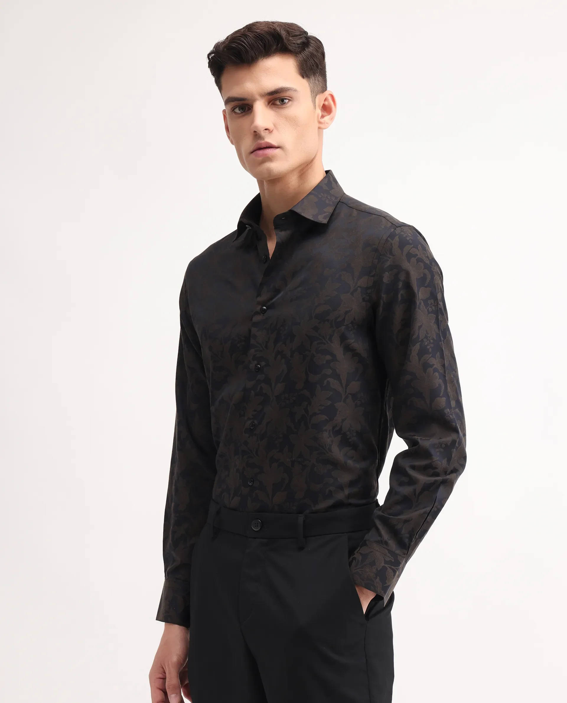 Rare Rabbit Men's Ringer-S Black Cotton Jacquard Regular Fit Full Sleeve Collared Shirt - Image 5