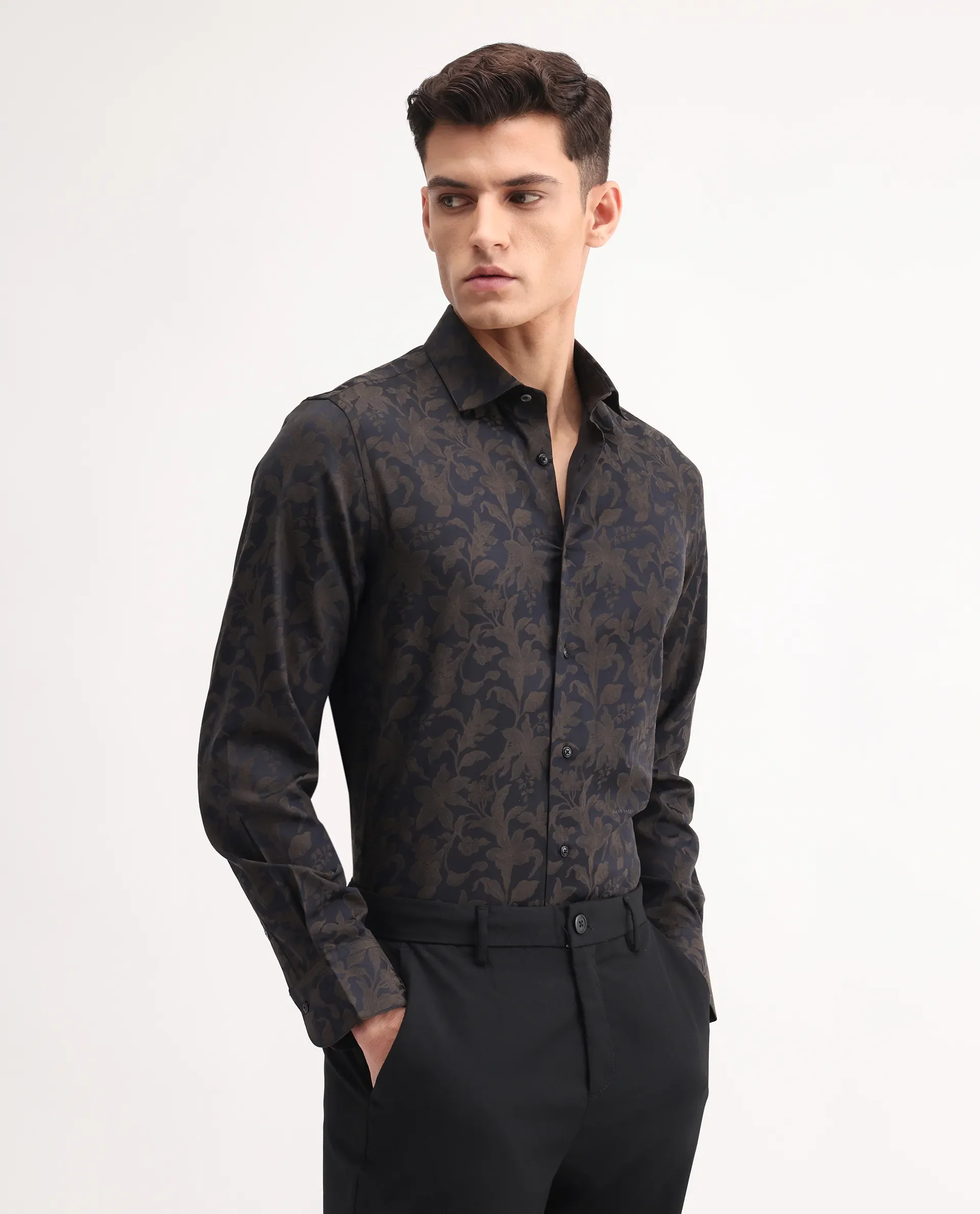 Rare Rabbit Men's Ringer-S Black Cotton Jacquard Regular Fit Full Sleeve Collared Shirt - Image 6