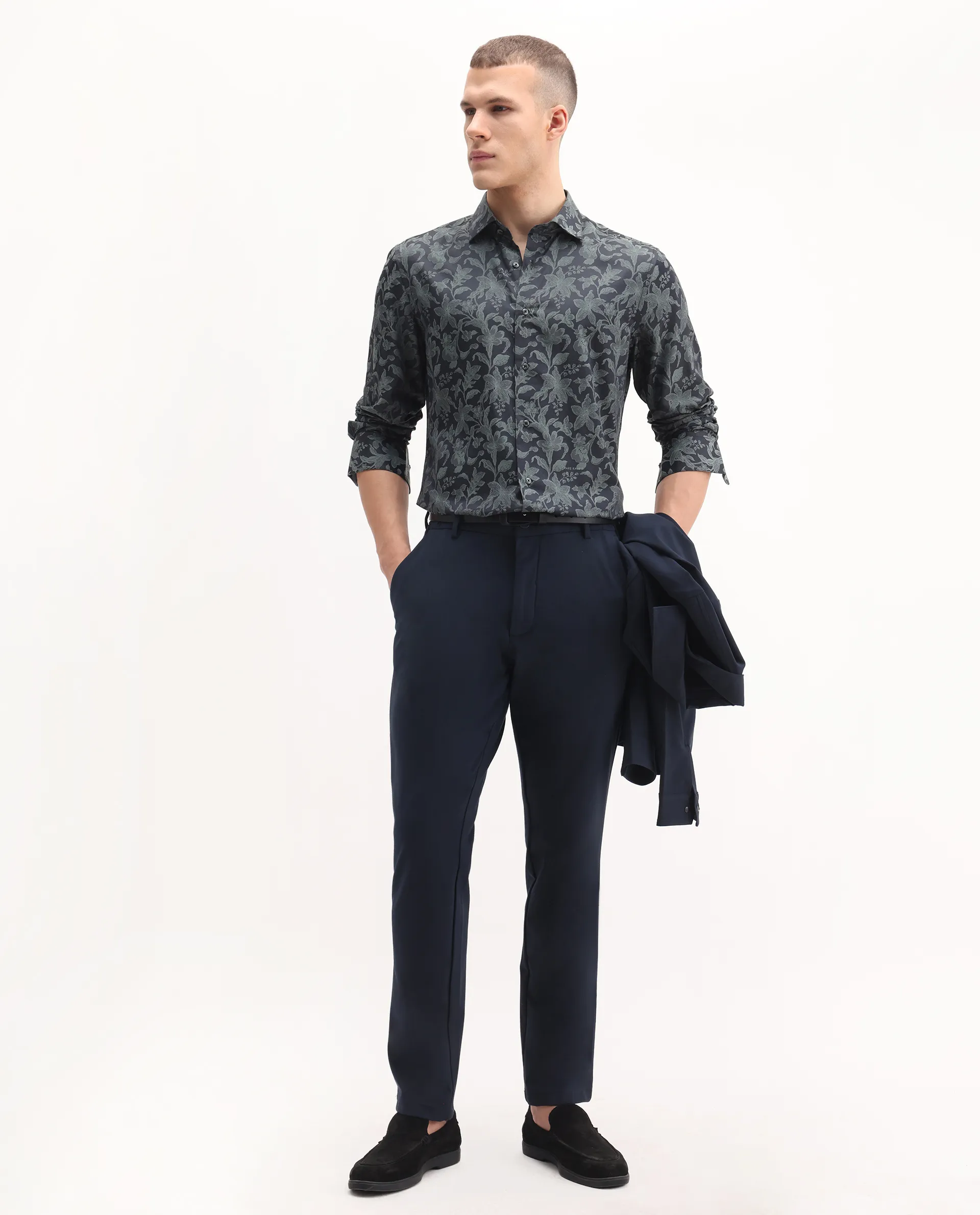 Rare Rabbit Men's Ringer-S Dusky Green Cotton Jacquard Regular Fit Full Sleeve Collared Shirt - Image 2