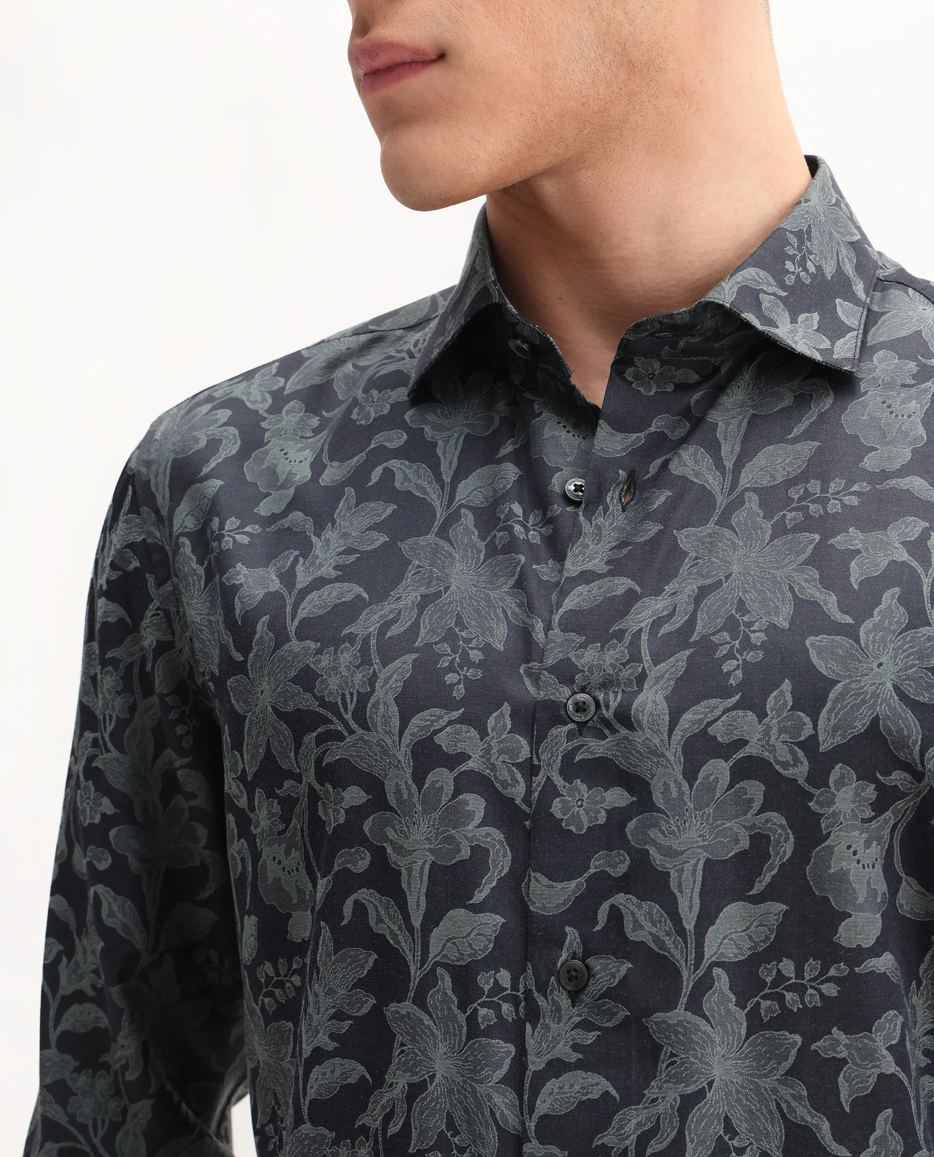 Rare Rabbit Men's Ringer-S Dusky Green Cotton Jacquard Regular Fit Full Sleeve Collared Shirt - Image 3