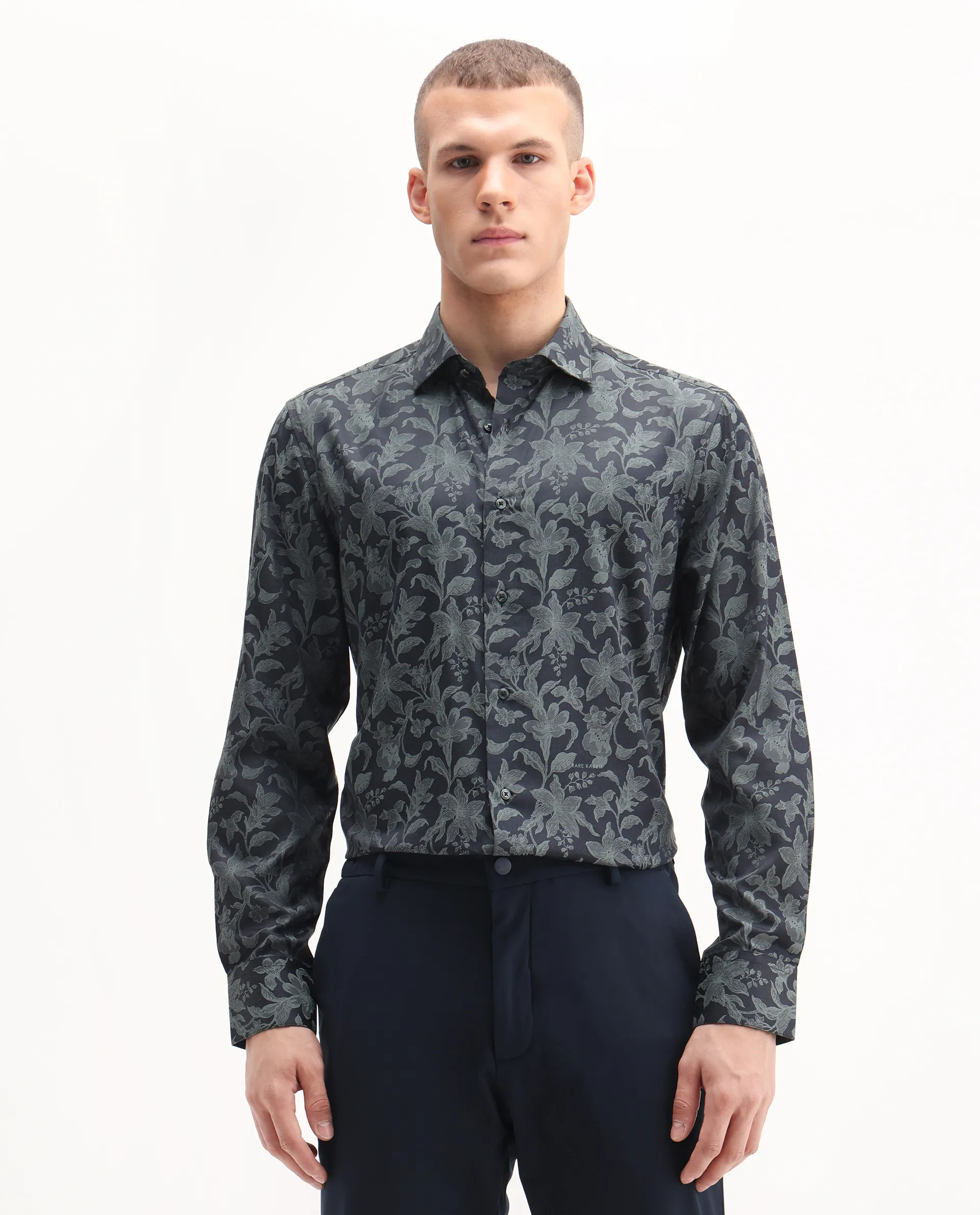 Rare Rabbit Men's Ringer-S Dusky Green Cotton Jacquard Regular Fit Full Sleeve Collared Shirt - Image 4