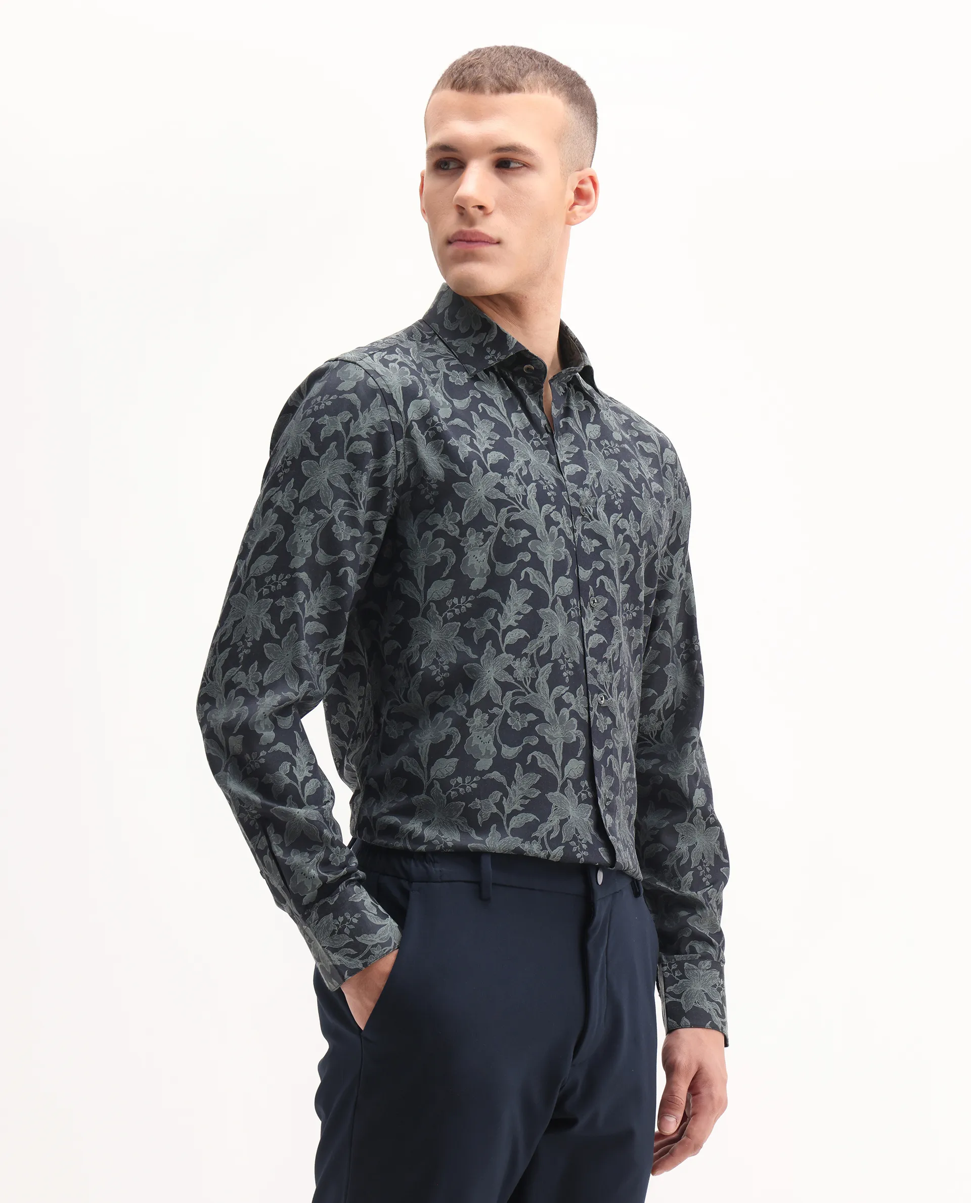 Rare Rabbit Men's Ringer-S Dusky Green Cotton Jacquard Regular Fit Full Sleeve Collared Shirt - Image 6