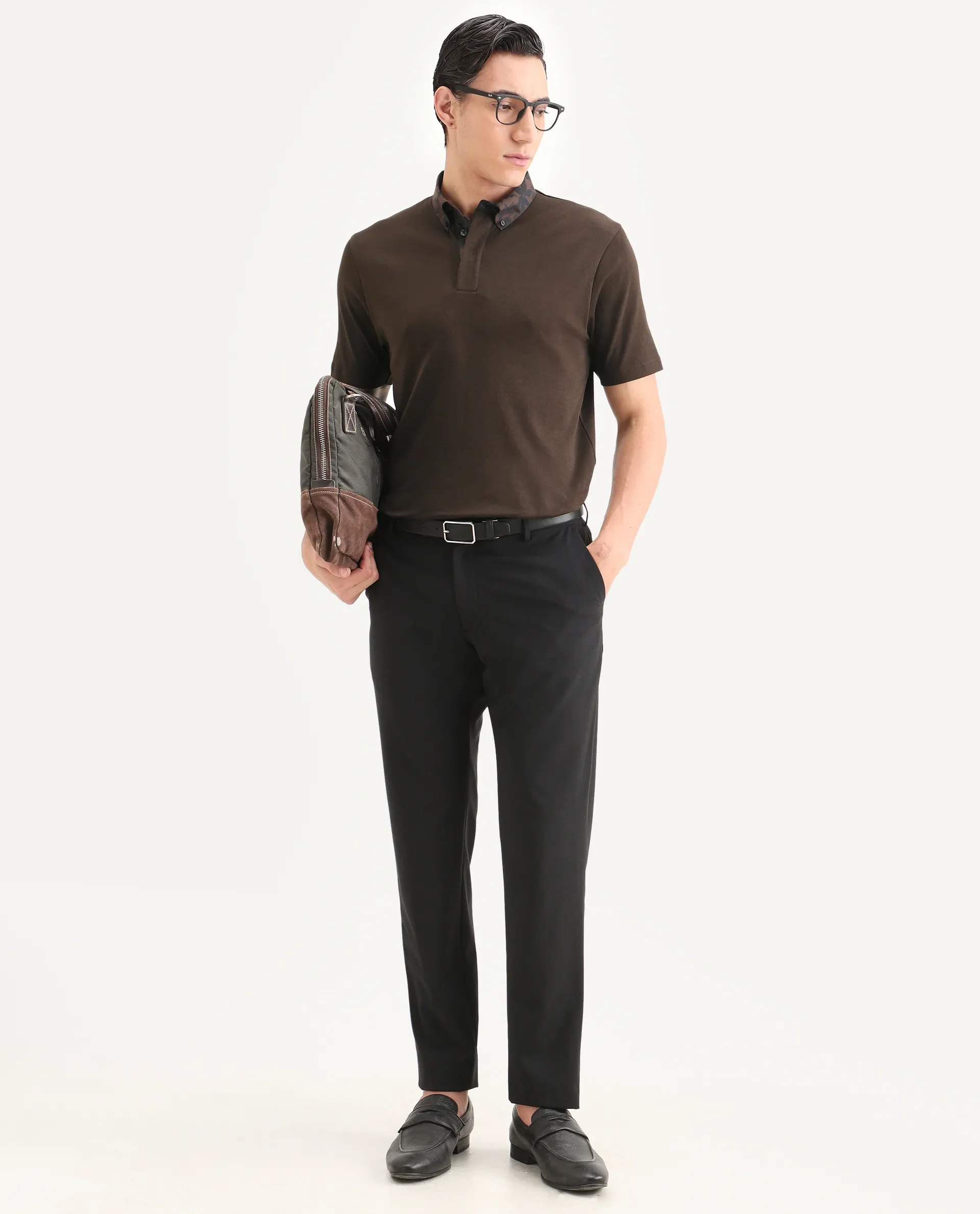 Rare Rabbit Men's Ringer-S26 Dark Brown Cotton Fabric Half Sleeve Spread Collar Regular Fit Plain Polo - Image 2