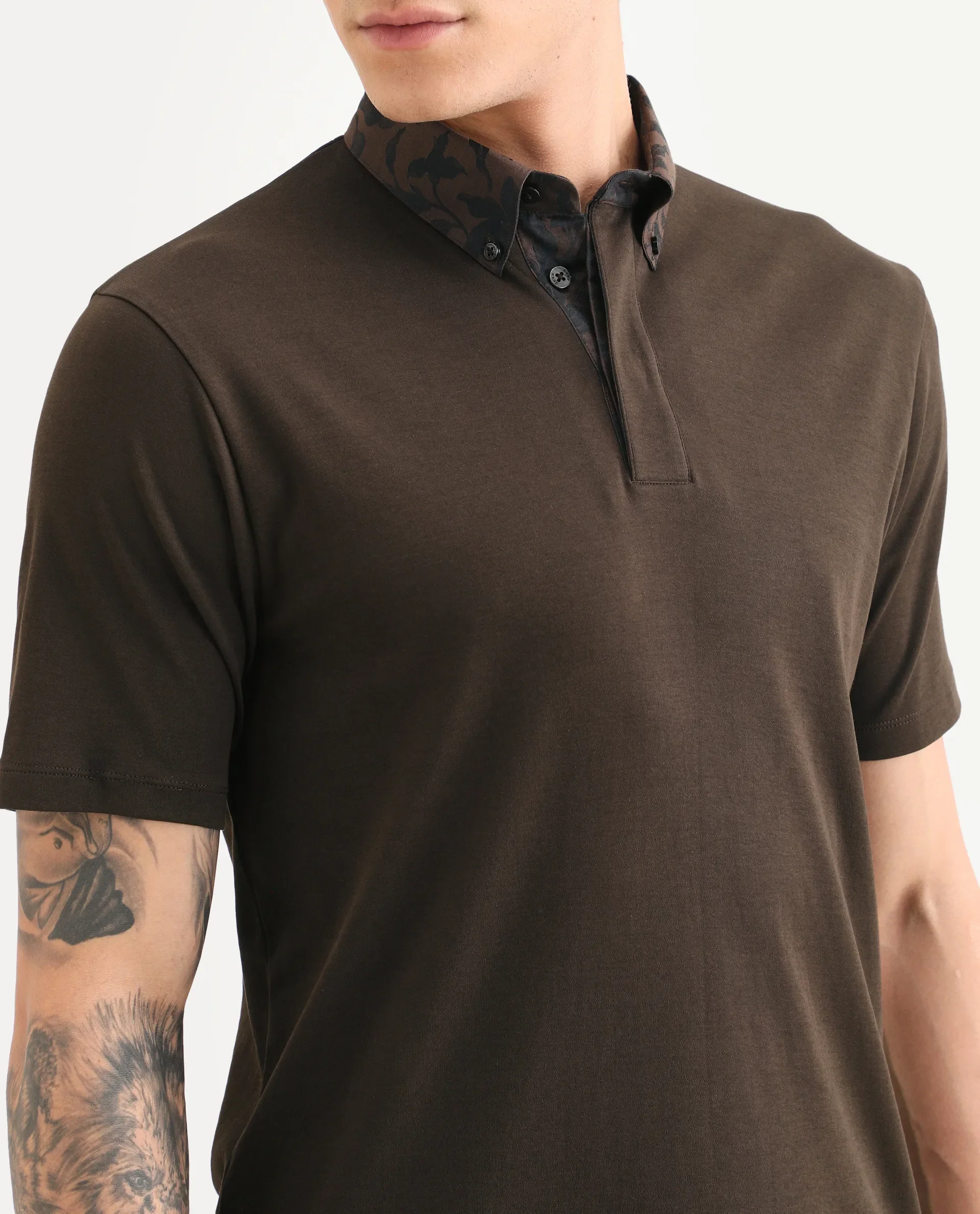 Rare Rabbit Men's Ringer-S26 Dark Brown Cotton Fabric Half Sleeve Spread Collar Regular Fit Plain Polo - Image 3
