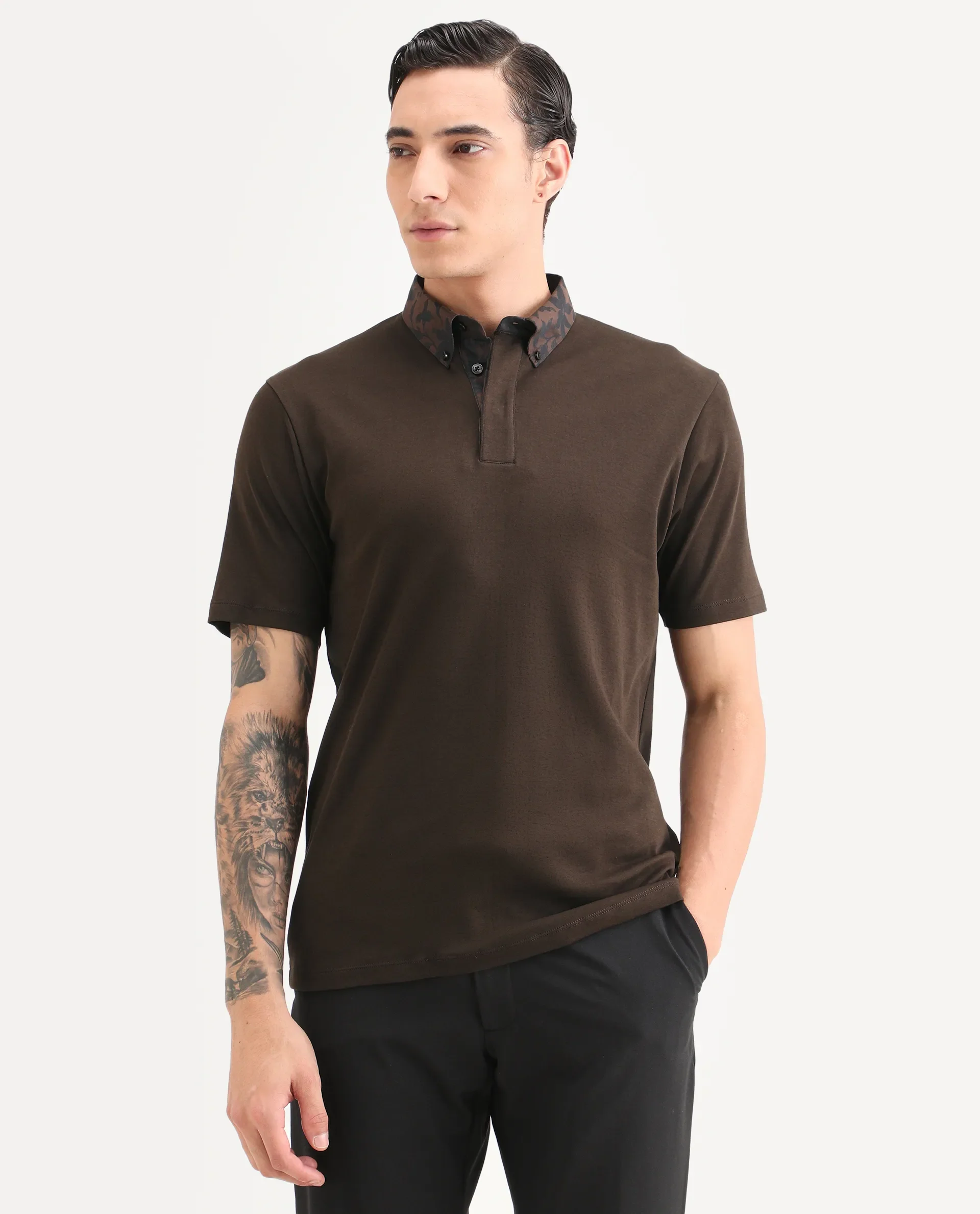 Rare Rabbit Men's Ringer-S26 Dark Brown Cotton Fabric Half Sleeve Spread Collar Regular Fit Plain Polo - Image 4
