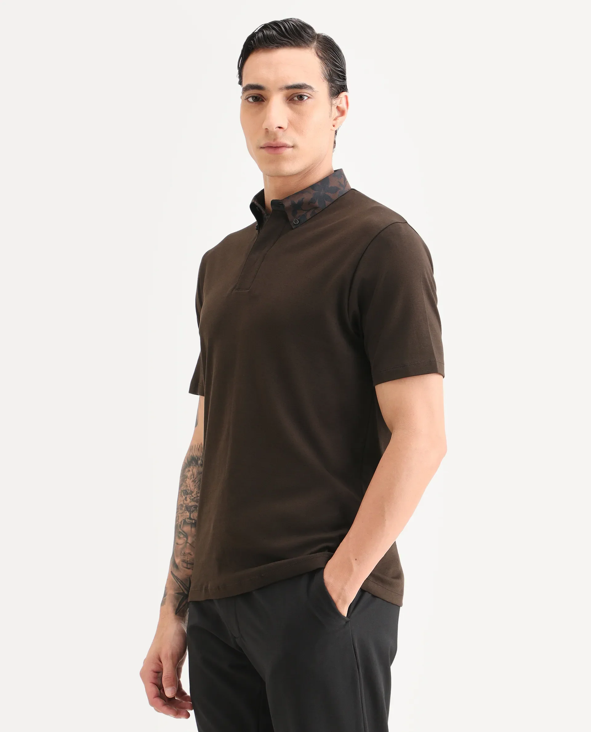 Rare Rabbit Men's Ringer-S26 Dark Brown Cotton Fabric Half Sleeve Spread Collar Regular Fit Plain Polo - Image 5