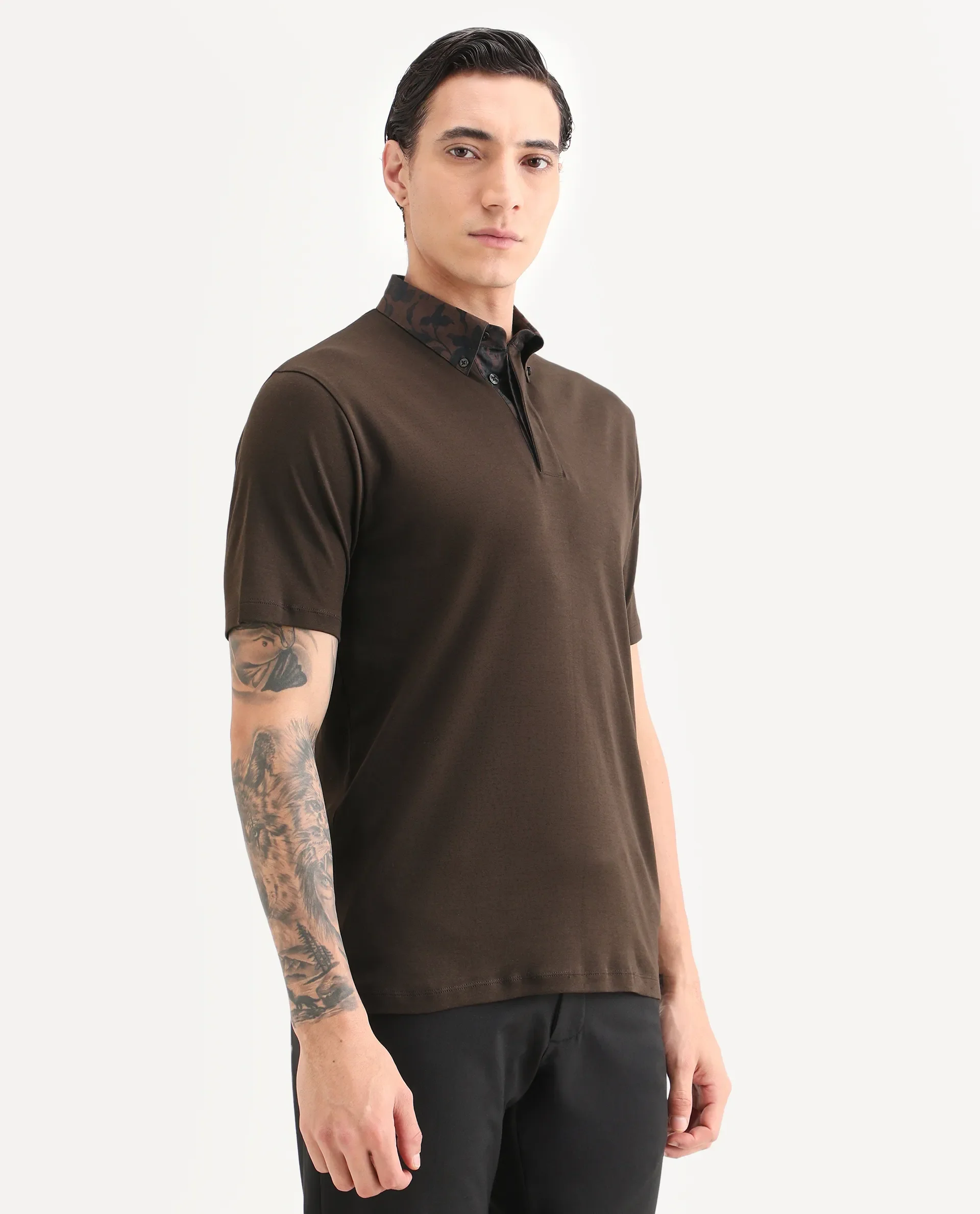 Rare Rabbit Men's Ringer-S26 Dark Brown Cotton Fabric Half Sleeve Spread Collar Regular Fit Plain Polo - Image 6