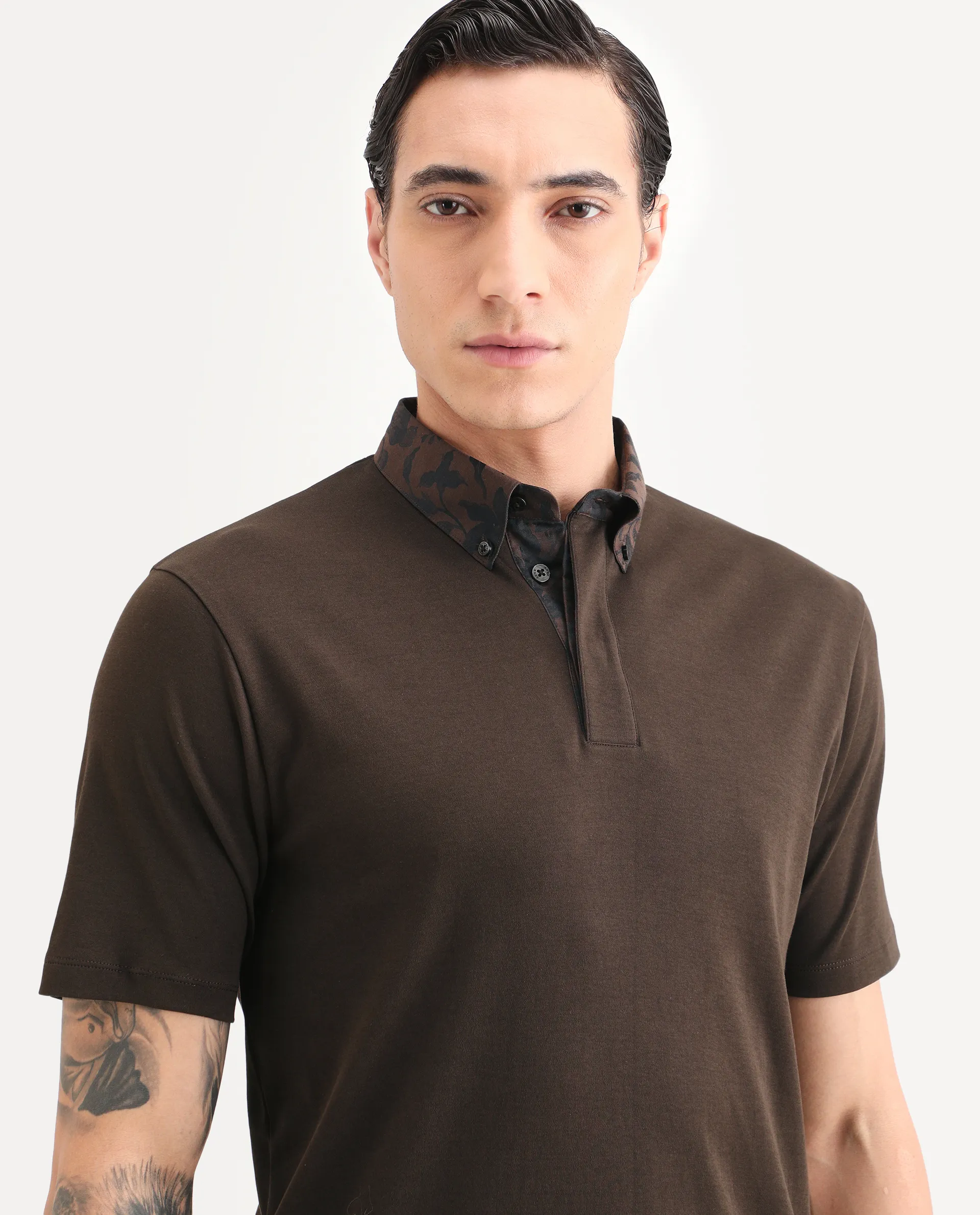 Rare Rabbit Men's Ringer-S26 Dark Brown Cotton Fabric Half Sleeve Spread Collar Regular Fit Plain Polo - Image 7