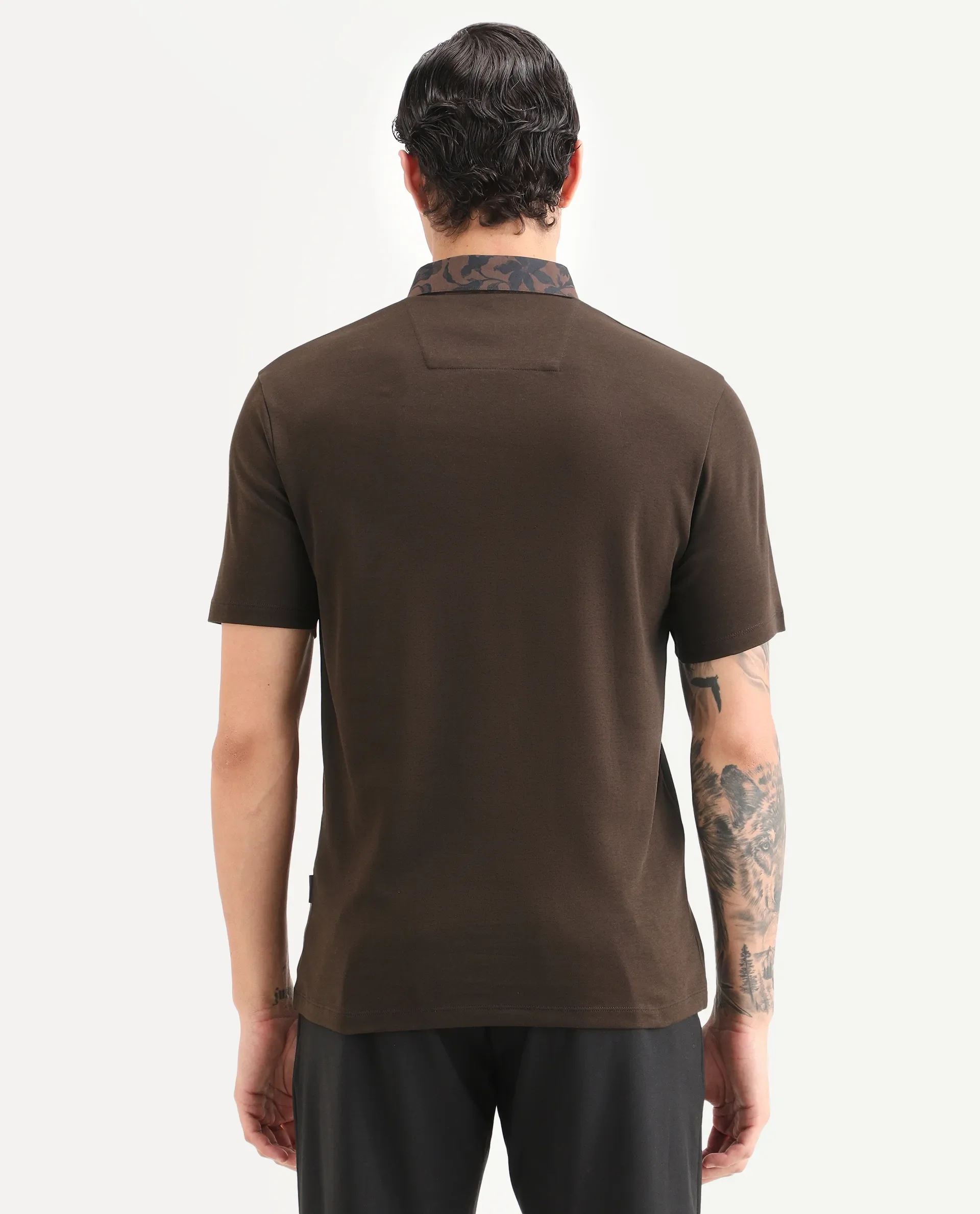 Rare Rabbit Men's Ringer-S26 Dark Brown Cotton Fabric Half Sleeve Spread Collar Regular Fit Plain Polo - Image 8