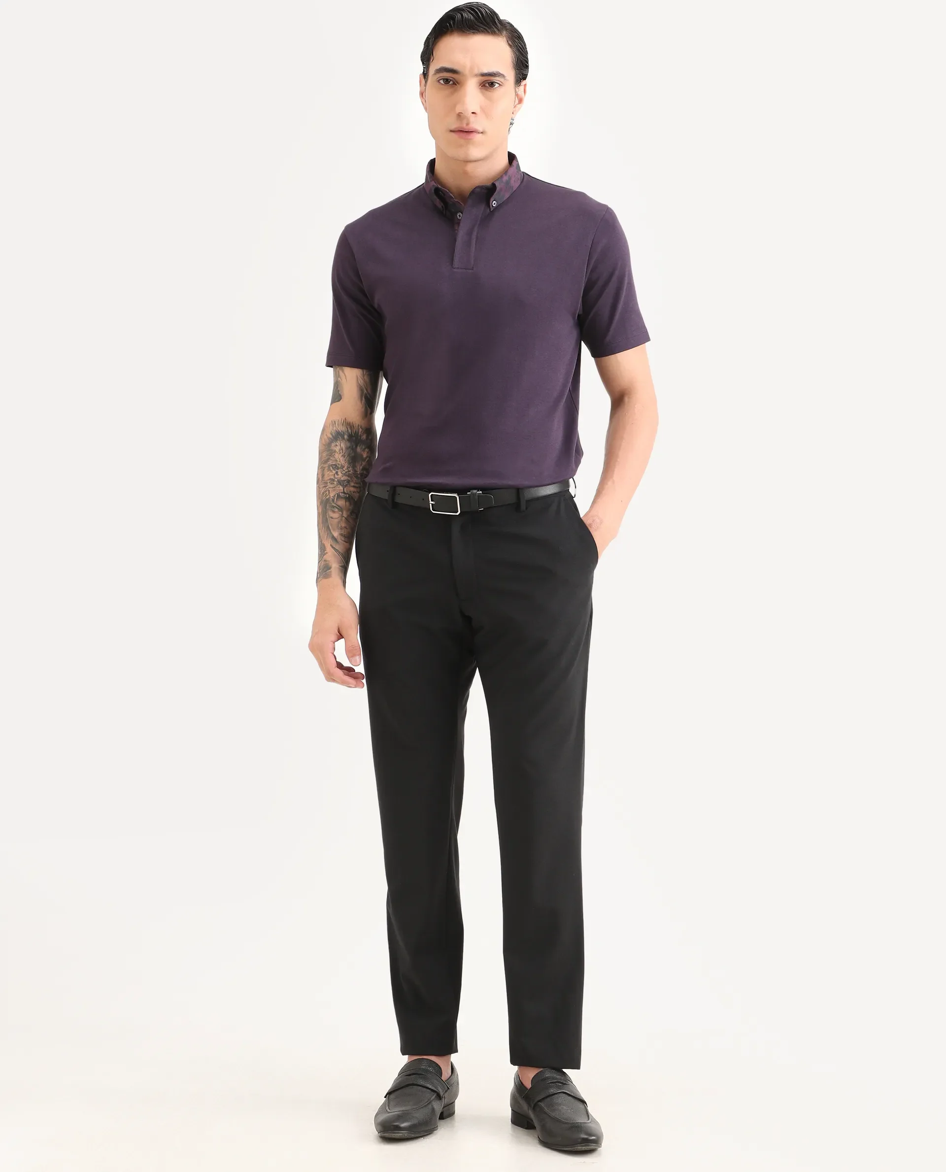 Rare Rabbit Men's Ringer-S26 Dark Purple Cotton Fabric Half Sleeve Spread Collar Regular Fit Plain Polo - Image 2