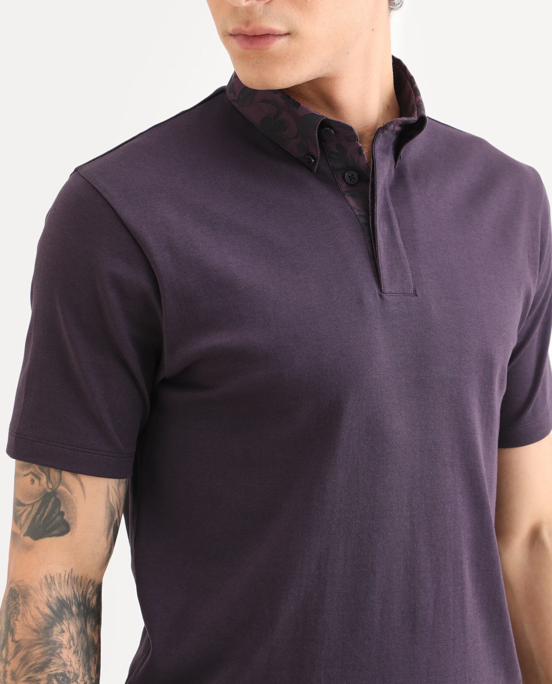 Rare Rabbit Men's Ringer-S26 Dark Purple Cotton Fabric Half Sleeve Spread Collar Regular Fit Plain Polo - Image 3