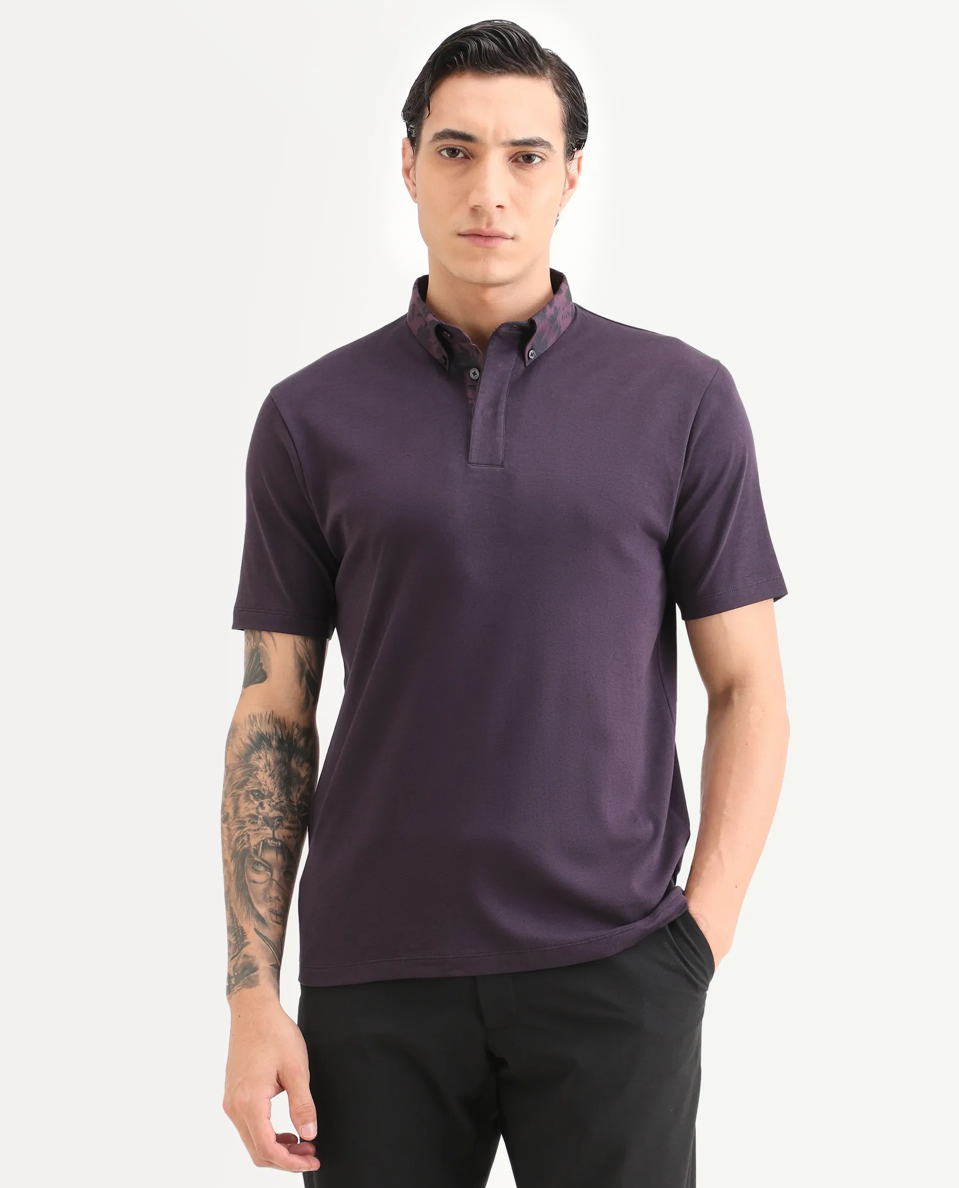 Rare Rabbit Men's Ringer-S26 Dark Purple Cotton Fabric Half Sleeve Spread Collar Regular Fit Plain Polo - Image 4