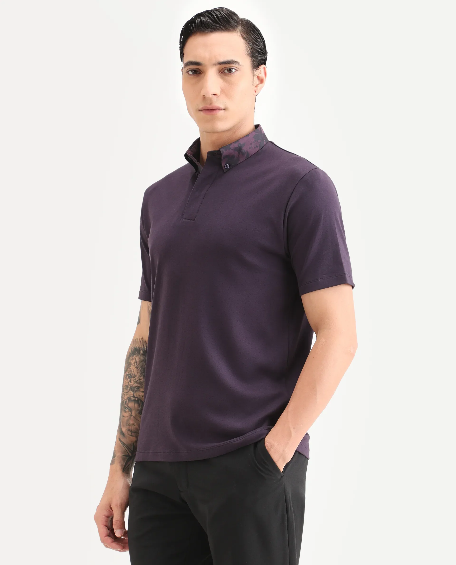 Rare Rabbit Men's Ringer-S26 Dark Purple Cotton Fabric Half Sleeve Spread Collar Regular Fit Plain Polo - Image 5