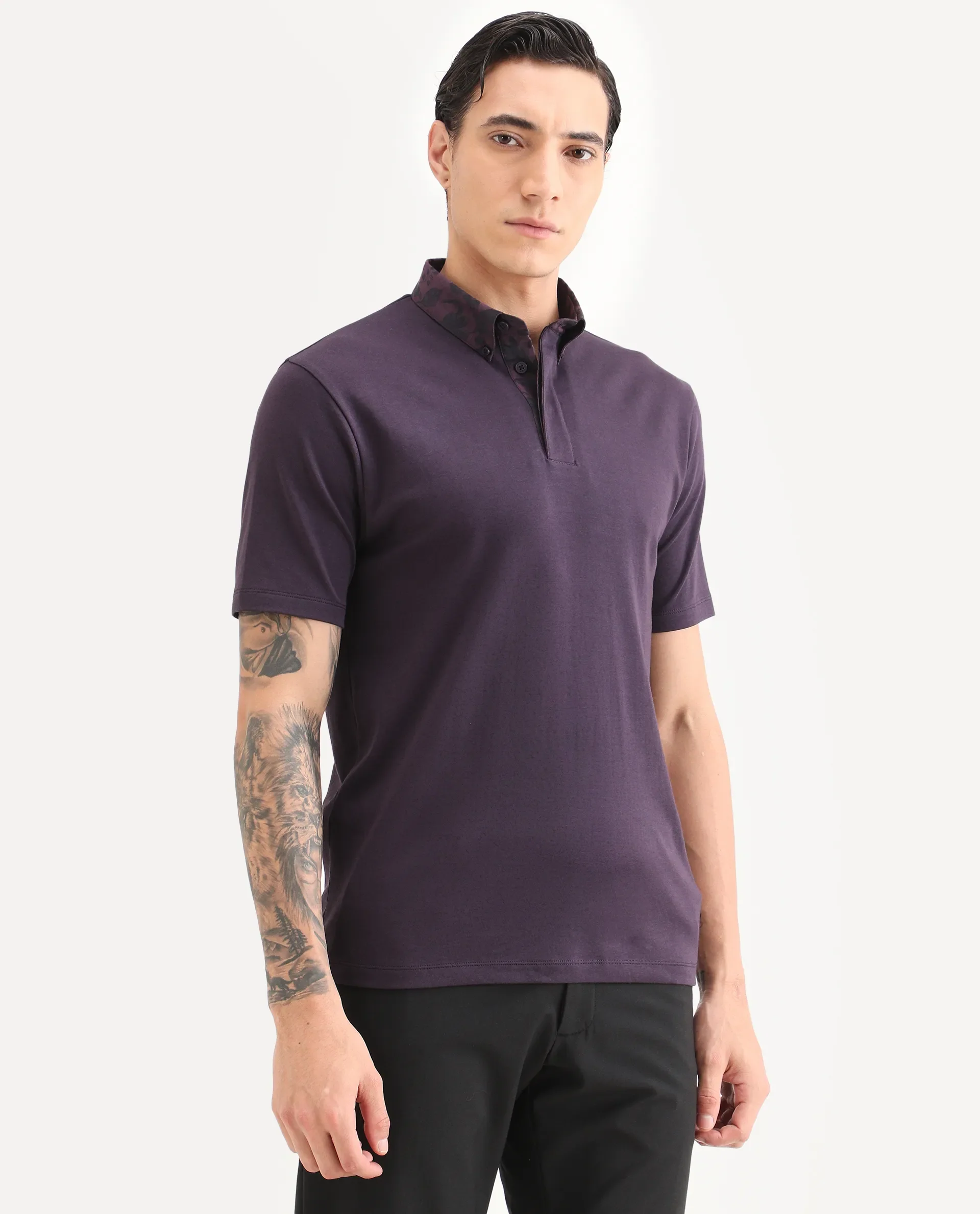 Rare Rabbit Men's Ringer-S26 Dark Purple Cotton Fabric Half Sleeve Spread Collar Regular Fit Plain Polo - Image 6