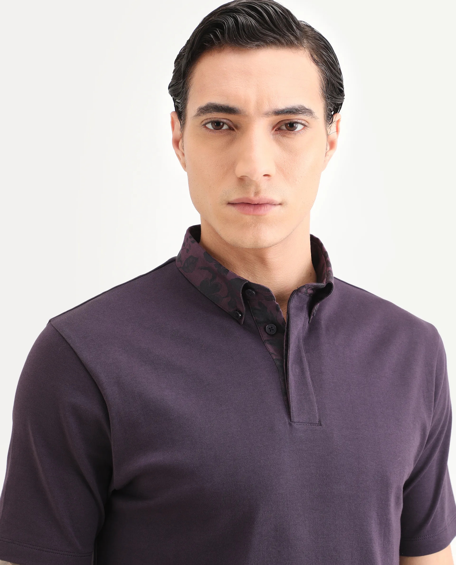 Rare Rabbit Men's Ringer-S26 Dark Purple Cotton Fabric Half Sleeve Spread Collar Regular Fit Plain Polo - Image 7