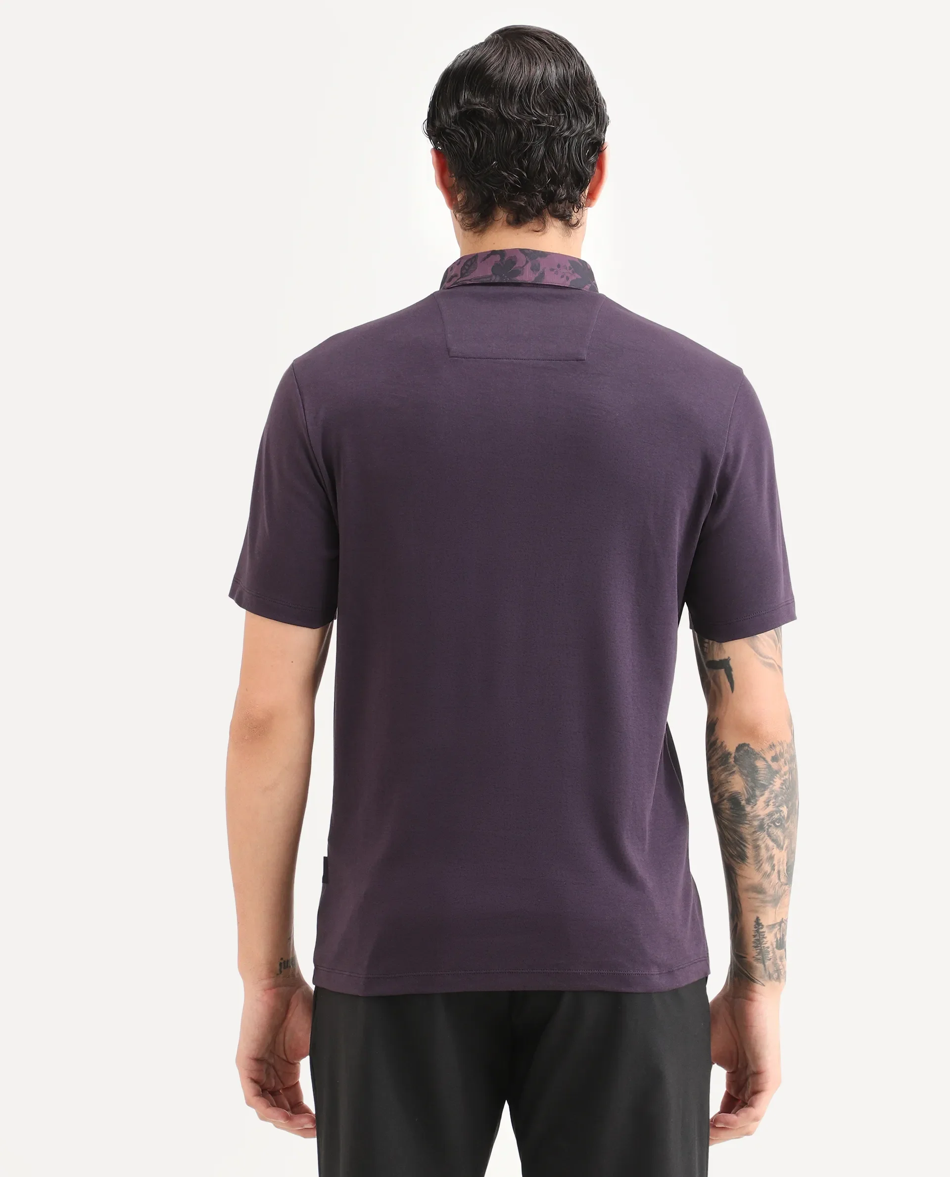 Rare Rabbit Men's Ringer-S26 Dark Purple Cotton Fabric Half Sleeve Spread Collar Regular Fit Plain Polo - Image 8